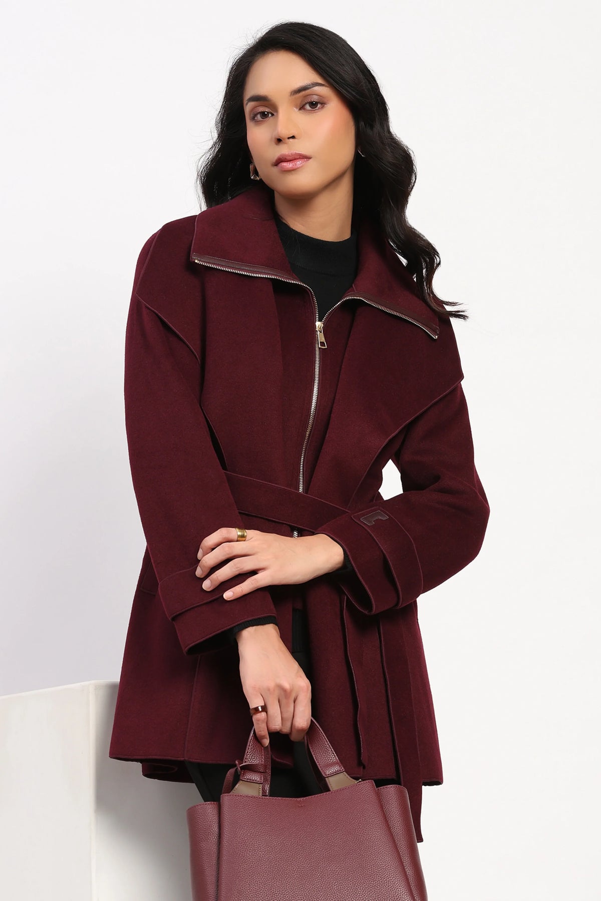 Wine Double Layered Belted Coat-Global Republic
