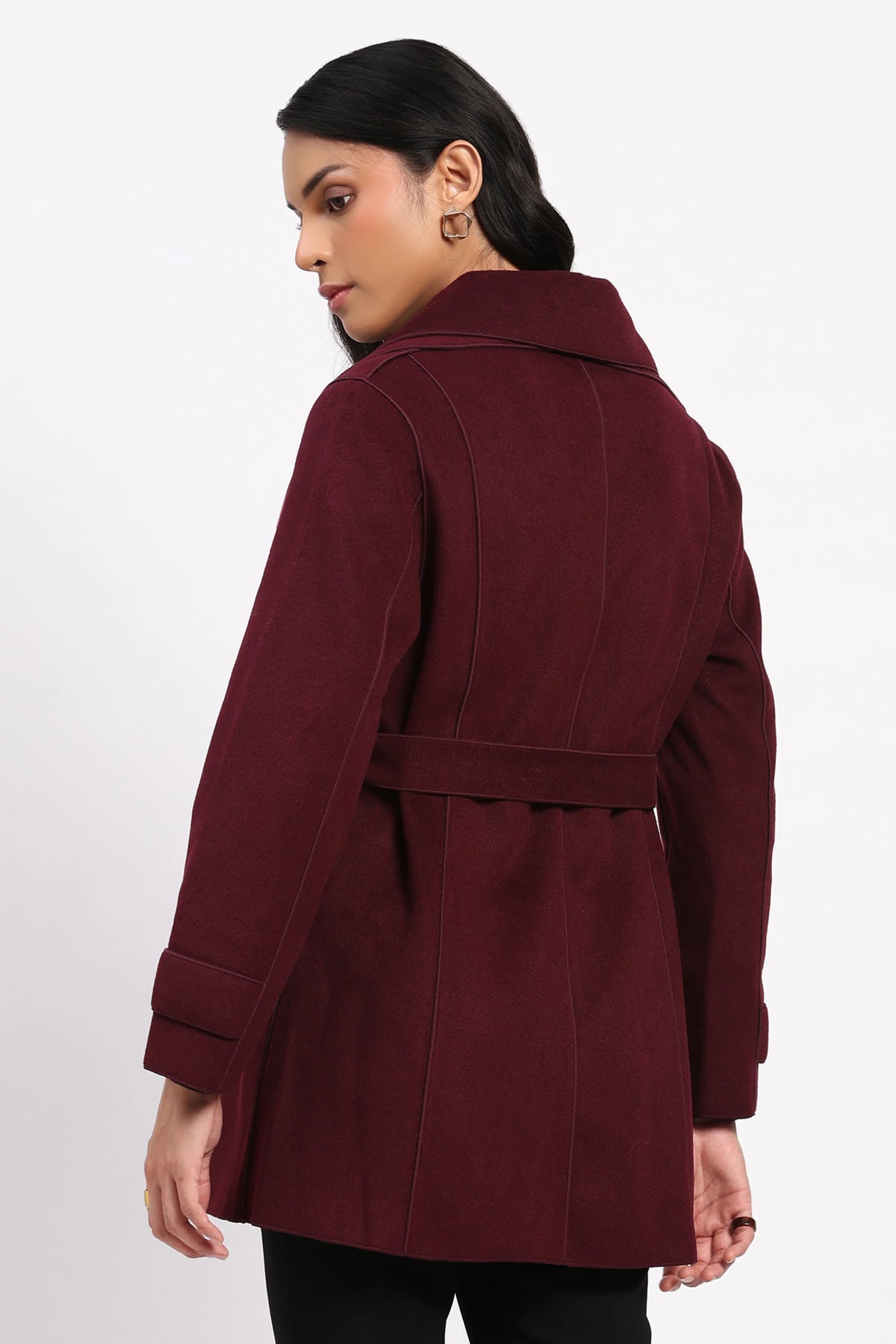 Wine Double Layered Belted Coat-Global Republic