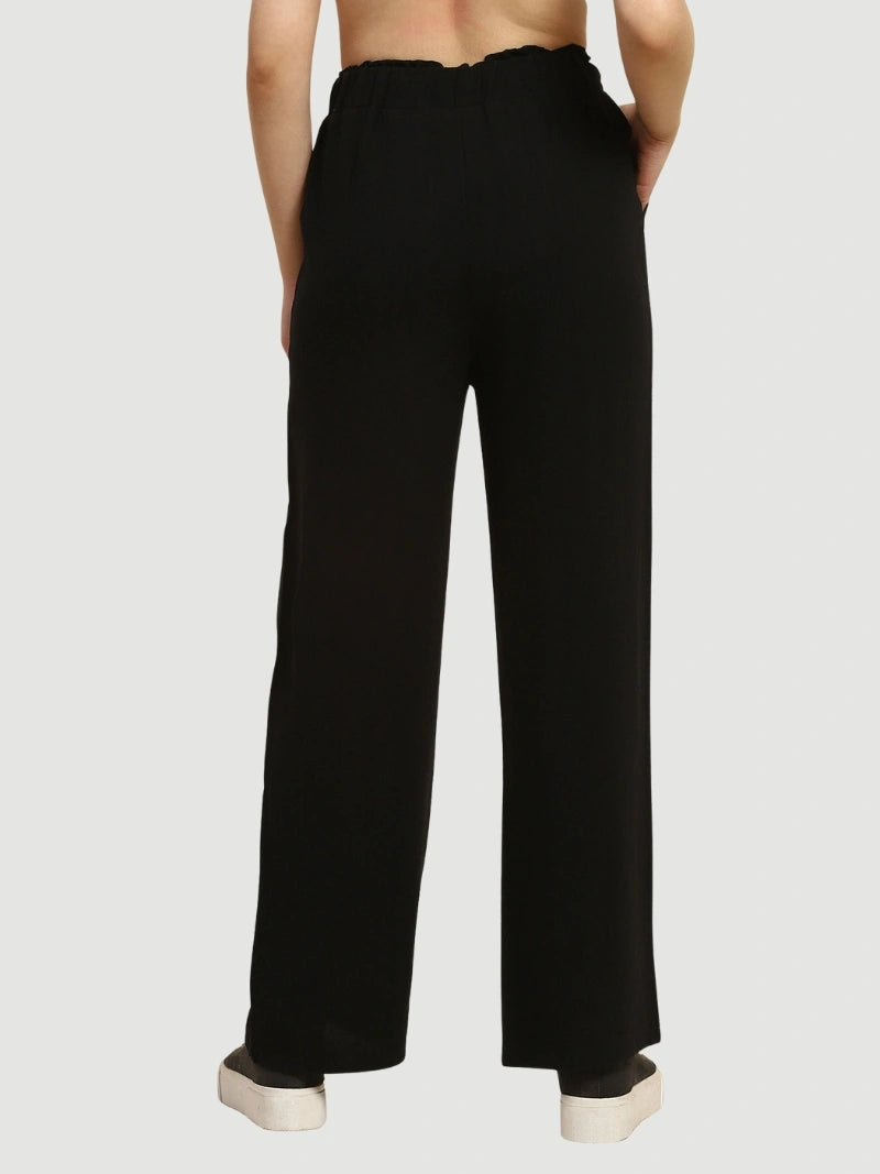 Black Solid Cotton Linen Relaxed Lower - Global Republic