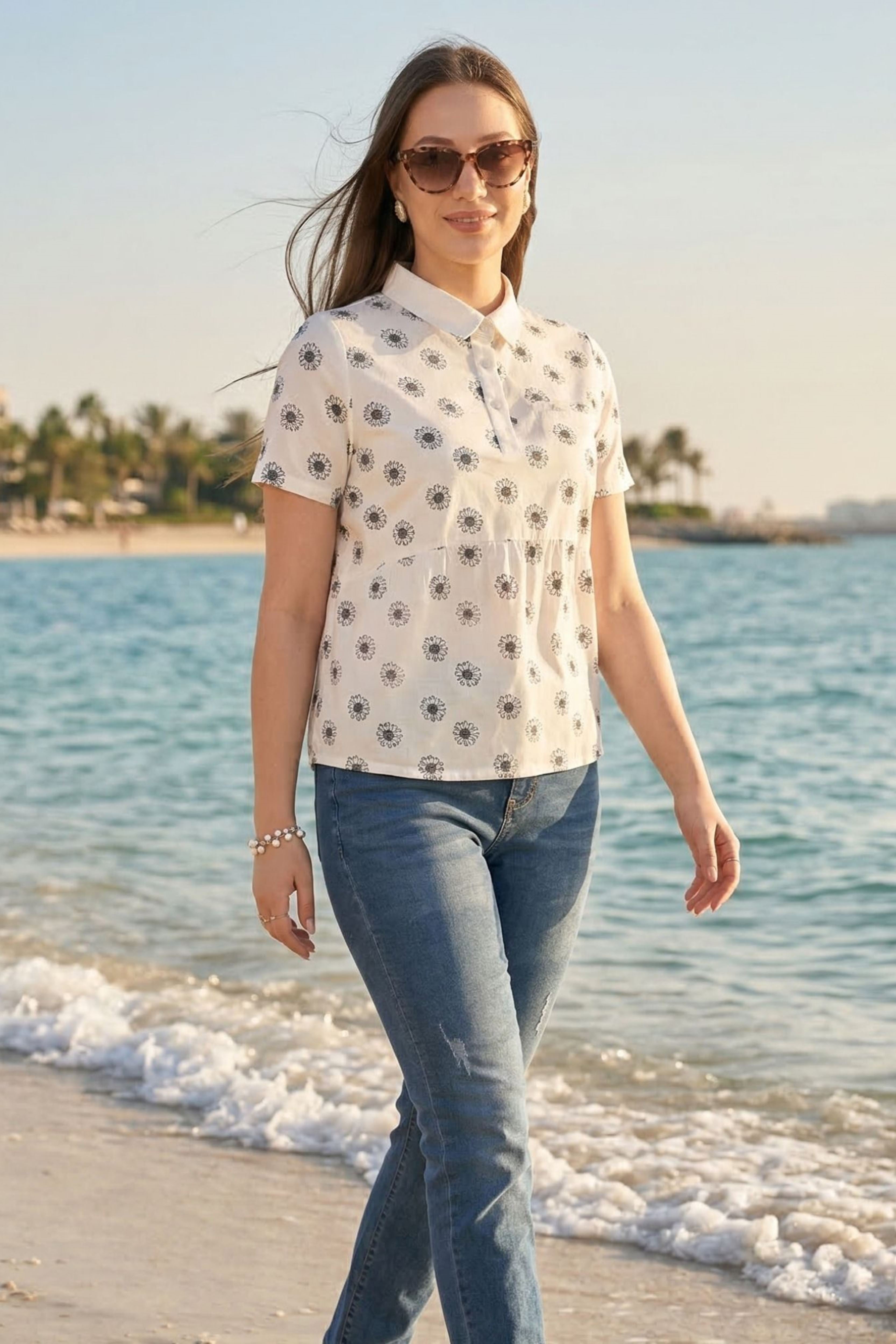 White Floral Cotton Viscose Top
