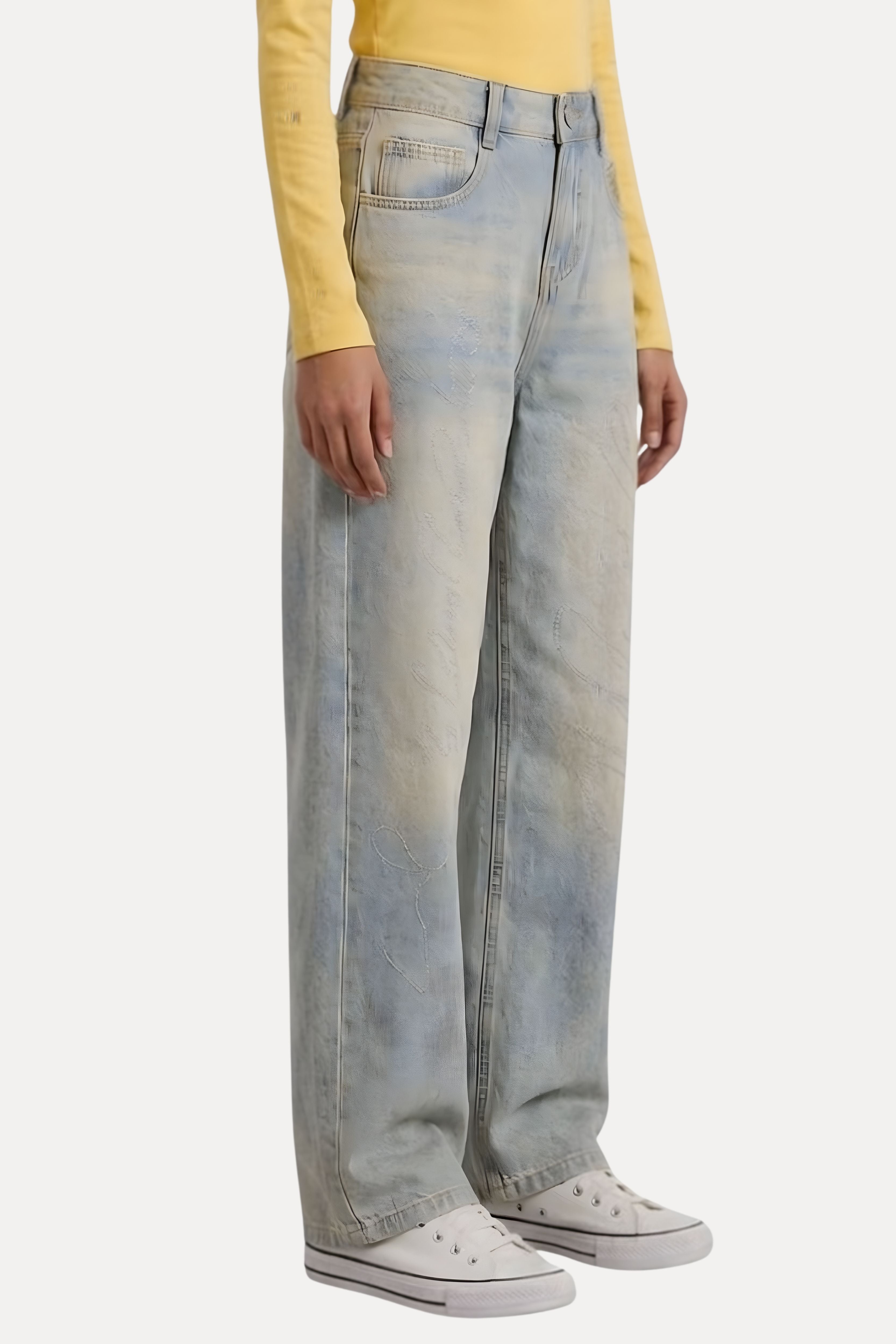 Light Greenish Blue Washed Studded Baggy Jeans