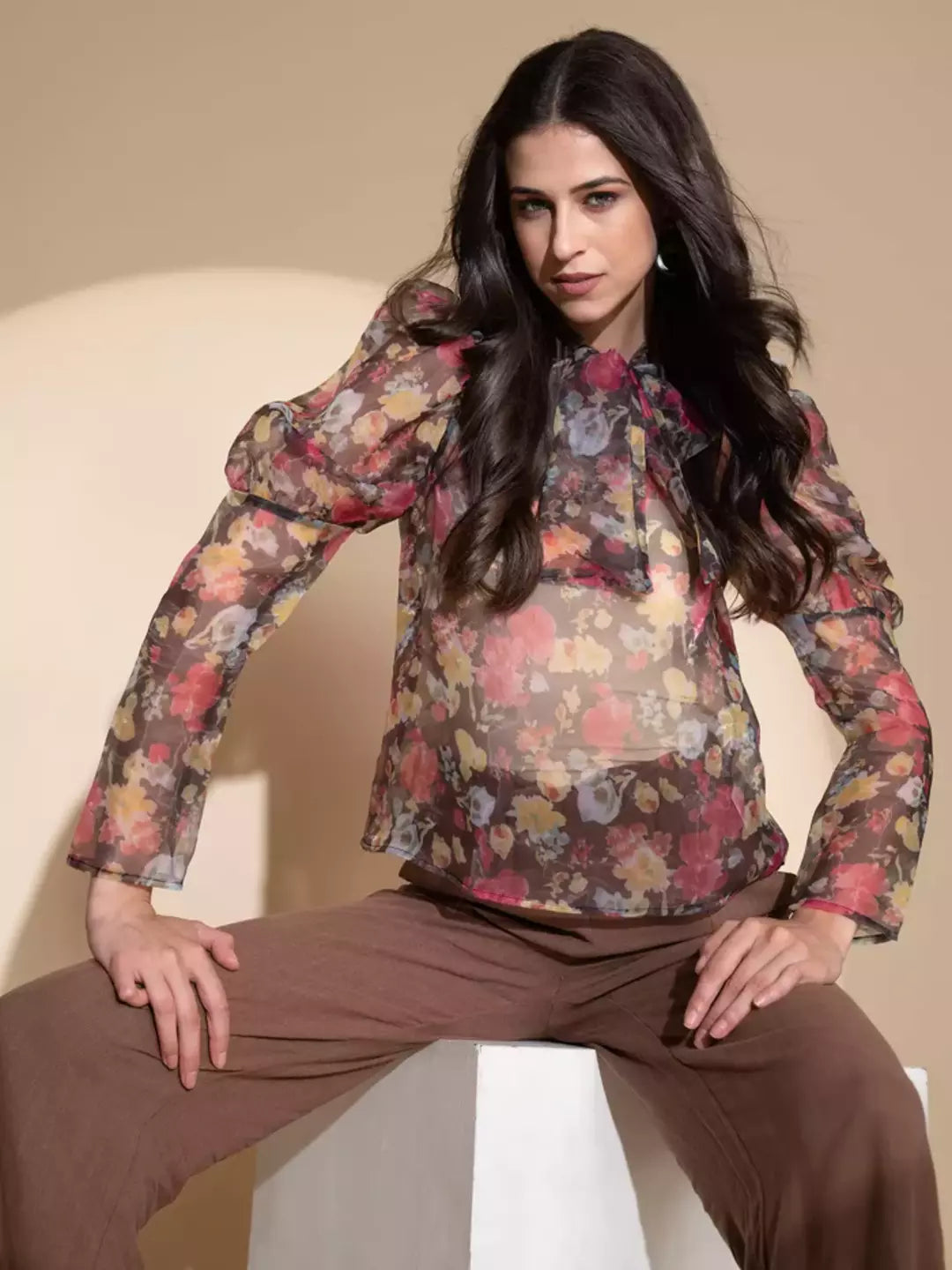 Brown Floral Puffed Sleeves Top - Global Republic
