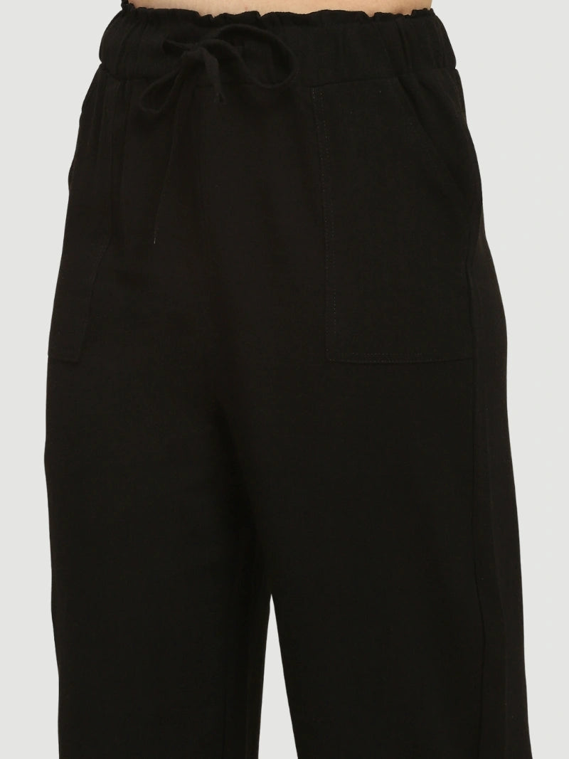 Black Solid Cotton Linen Relaxed Lower - Global Republic