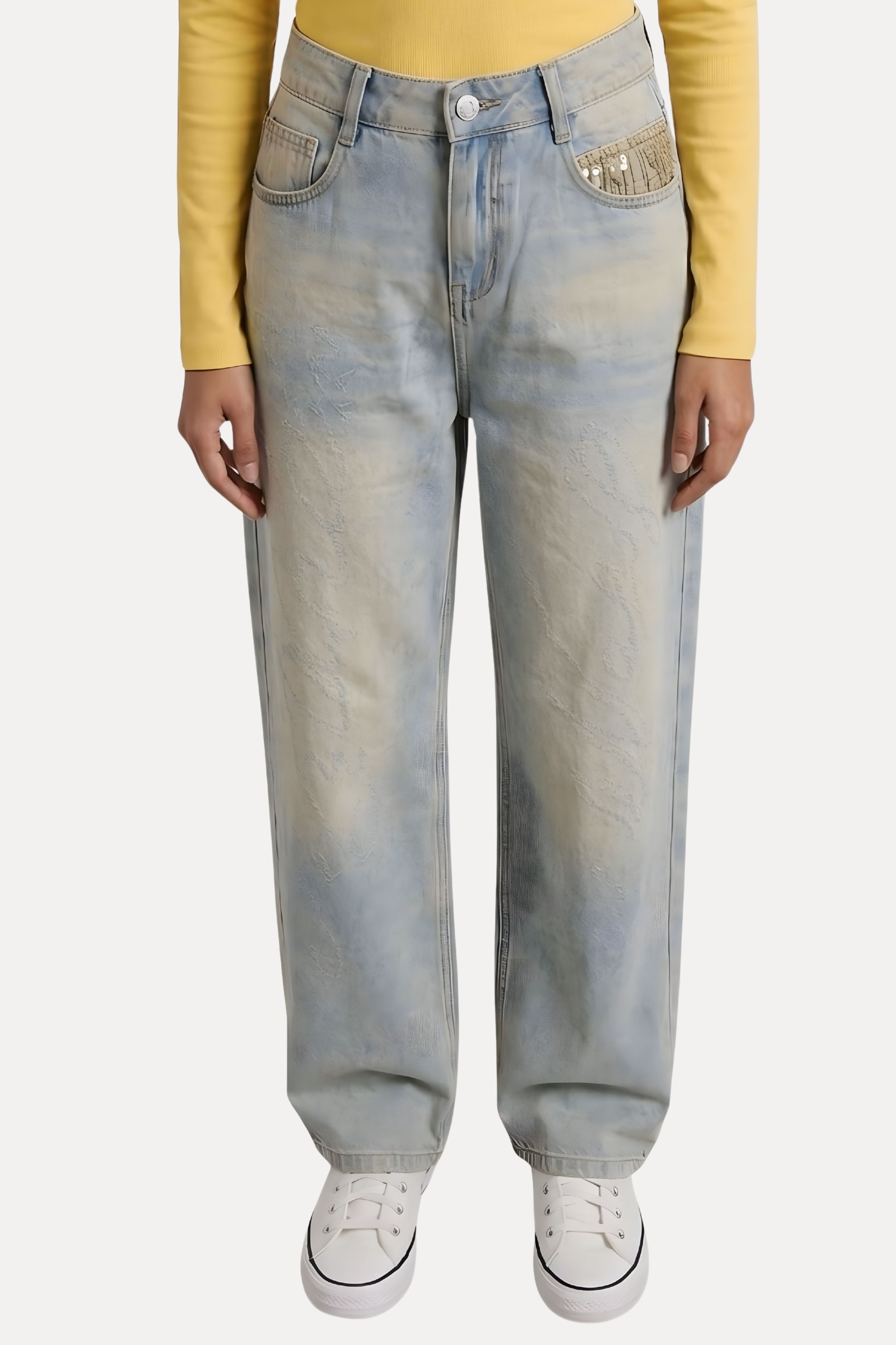 Light Greenish Blue Washed Studded Baggy Jeans