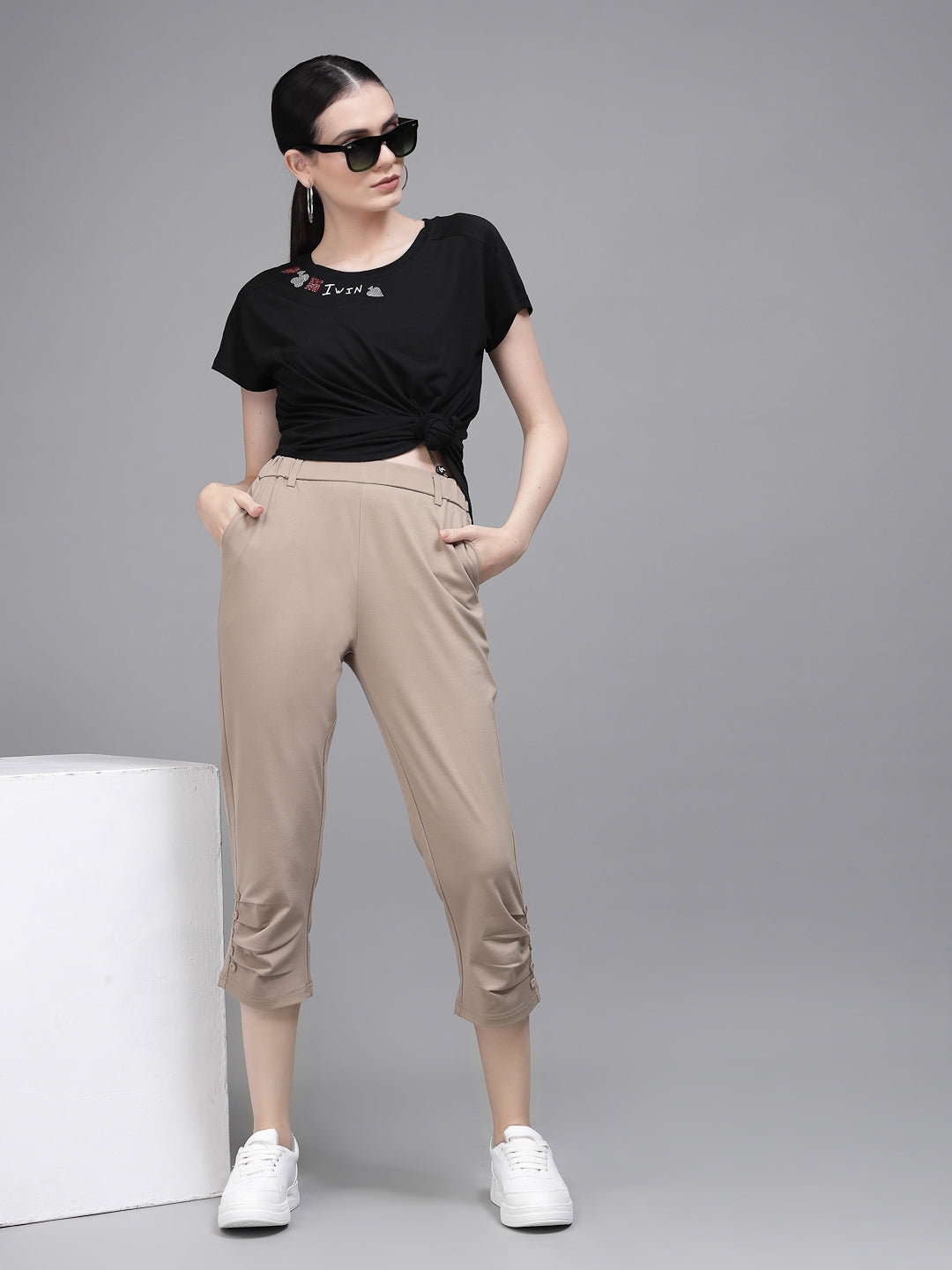 Beige Cotton Blend Solid Capri - Global Republic