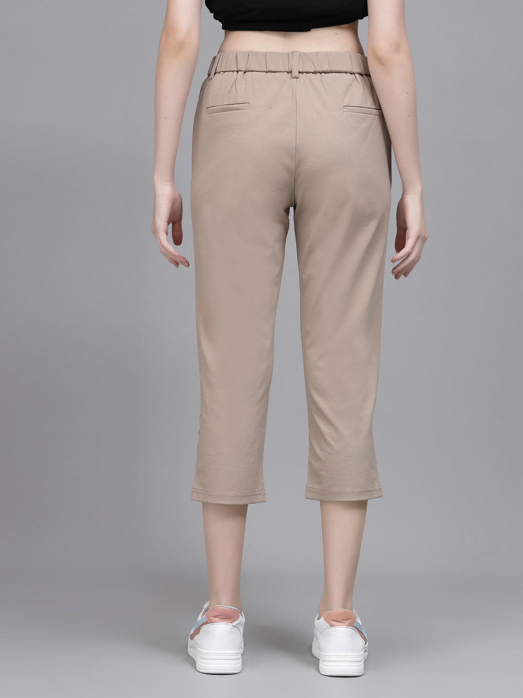 Beige Cotton Blend Solid Capri - Global Republic