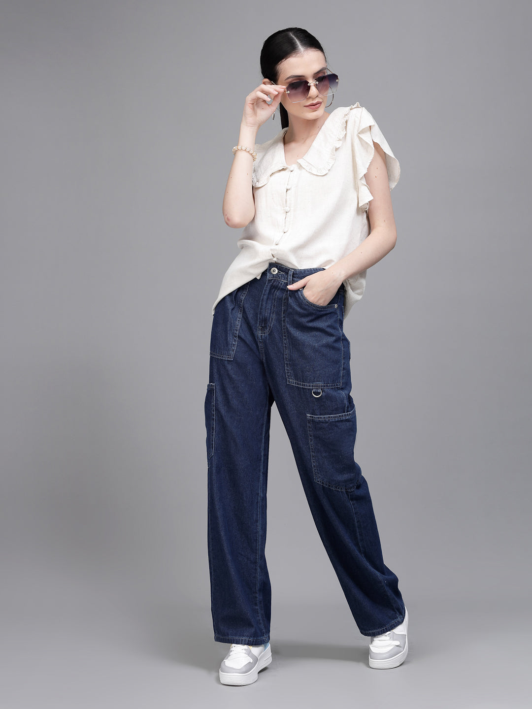 Women Straight Fit Wide Leg Blue Stretchable Jeans - Global Republic