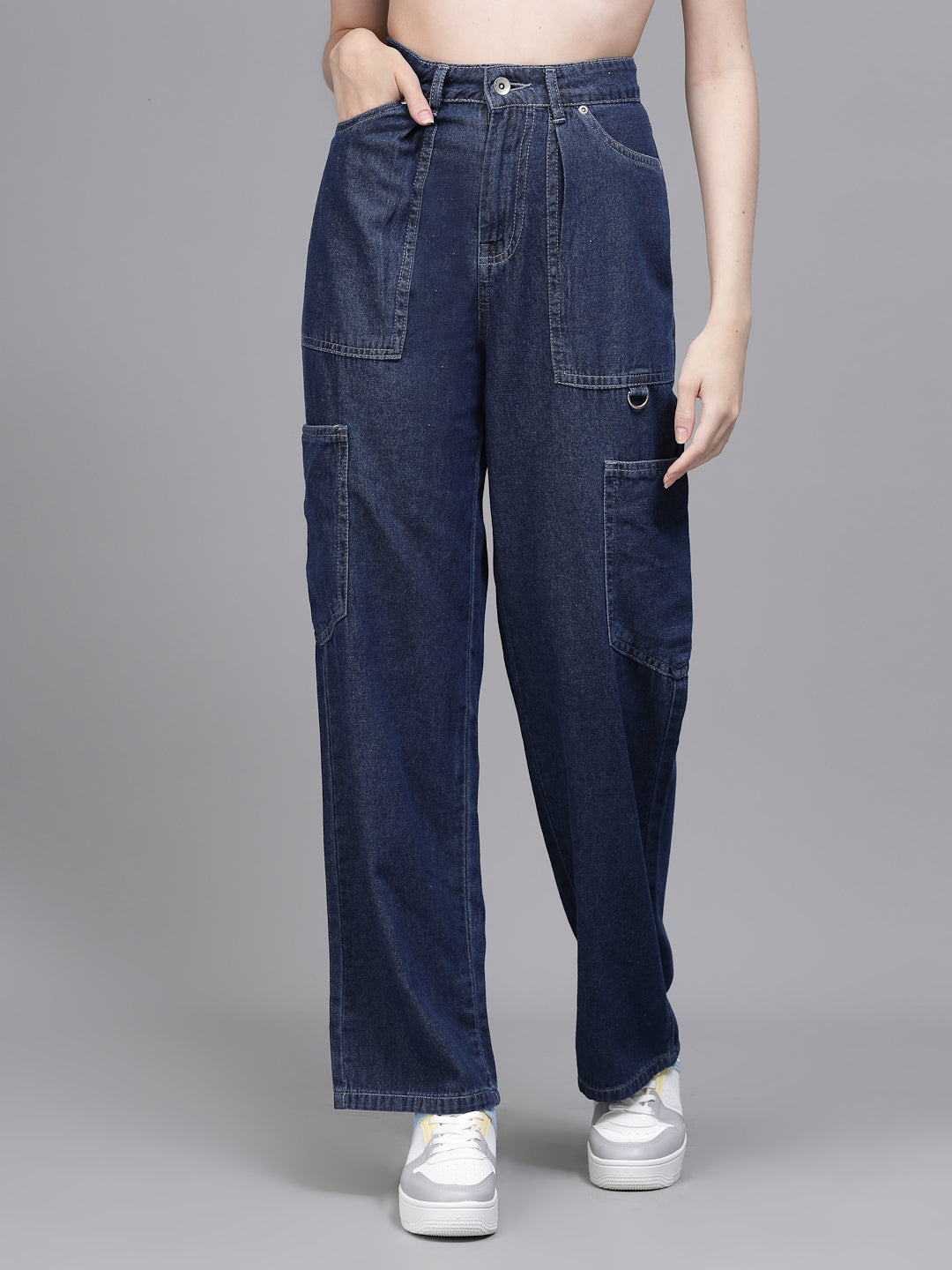 Women Straight Fit Wide Leg Blue Stretchable Jeans - Global Republic