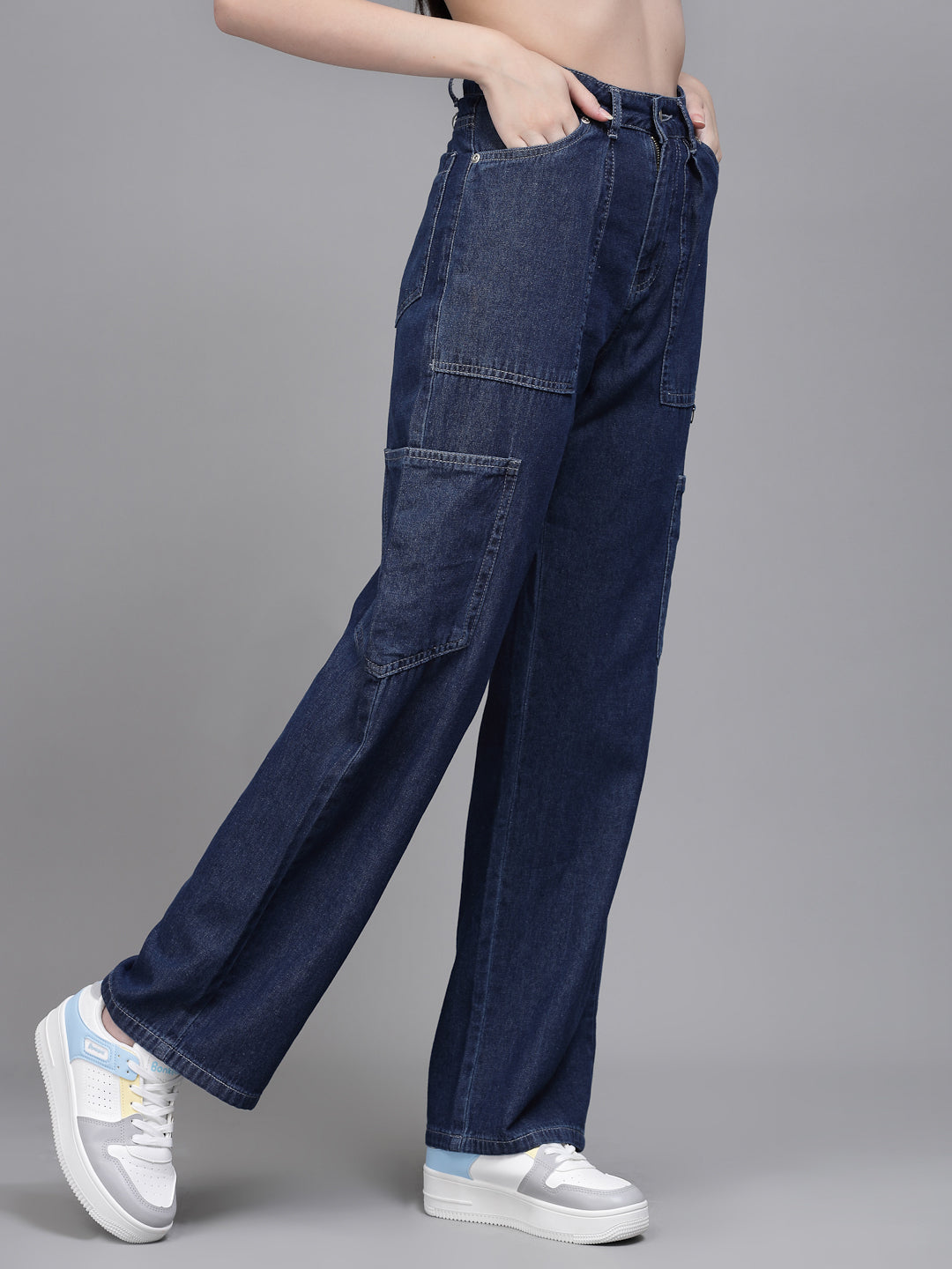 Women Straight Fit Wide Leg Blue Stretchable Jeans - Global Republic