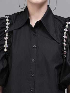 Women Black Collar Neck Puffed Sleeves Shirt