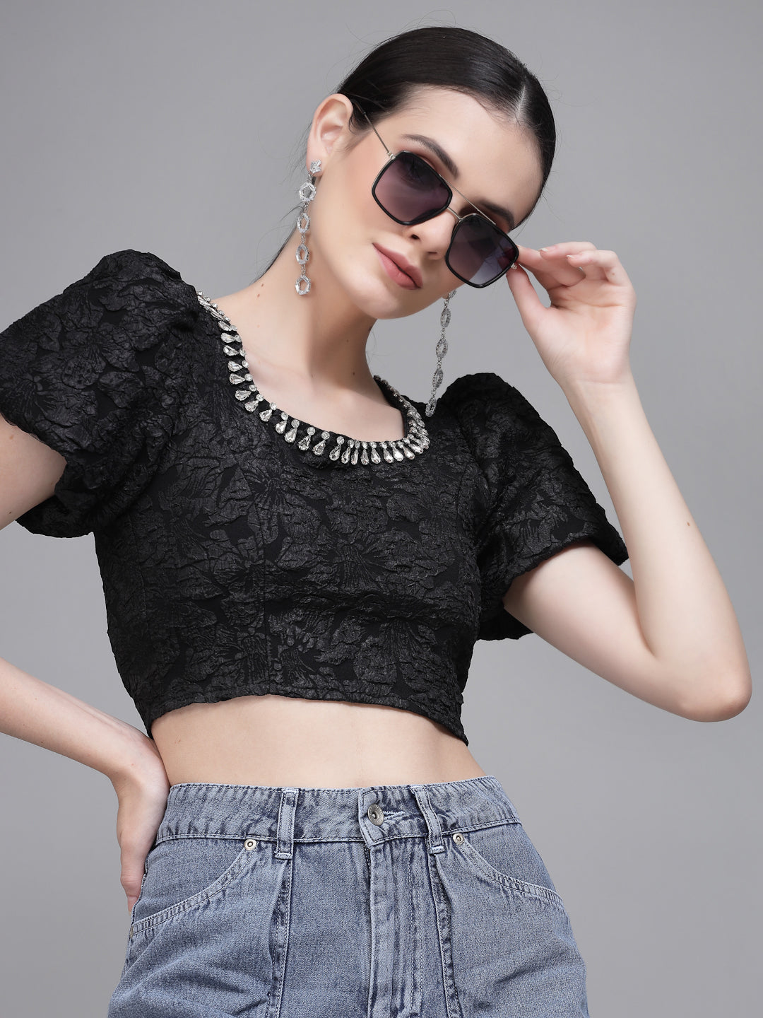 Black Jacquard Embellished Crop Top - Global Republic