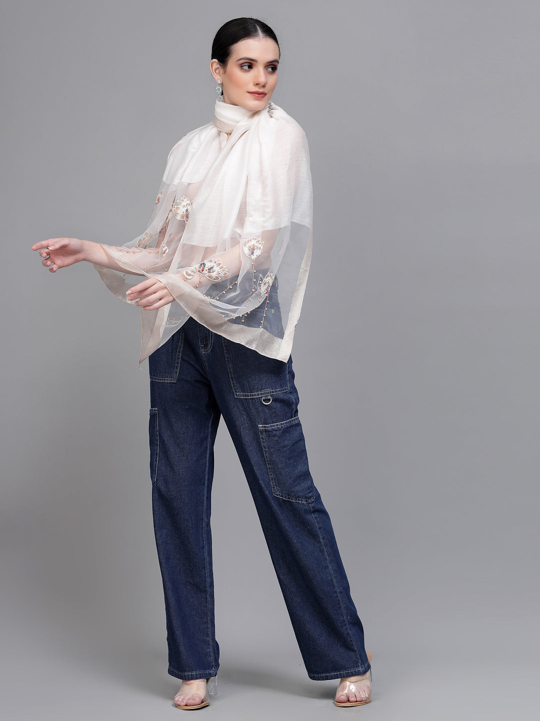Women Cream (Blank) Embellished Stole