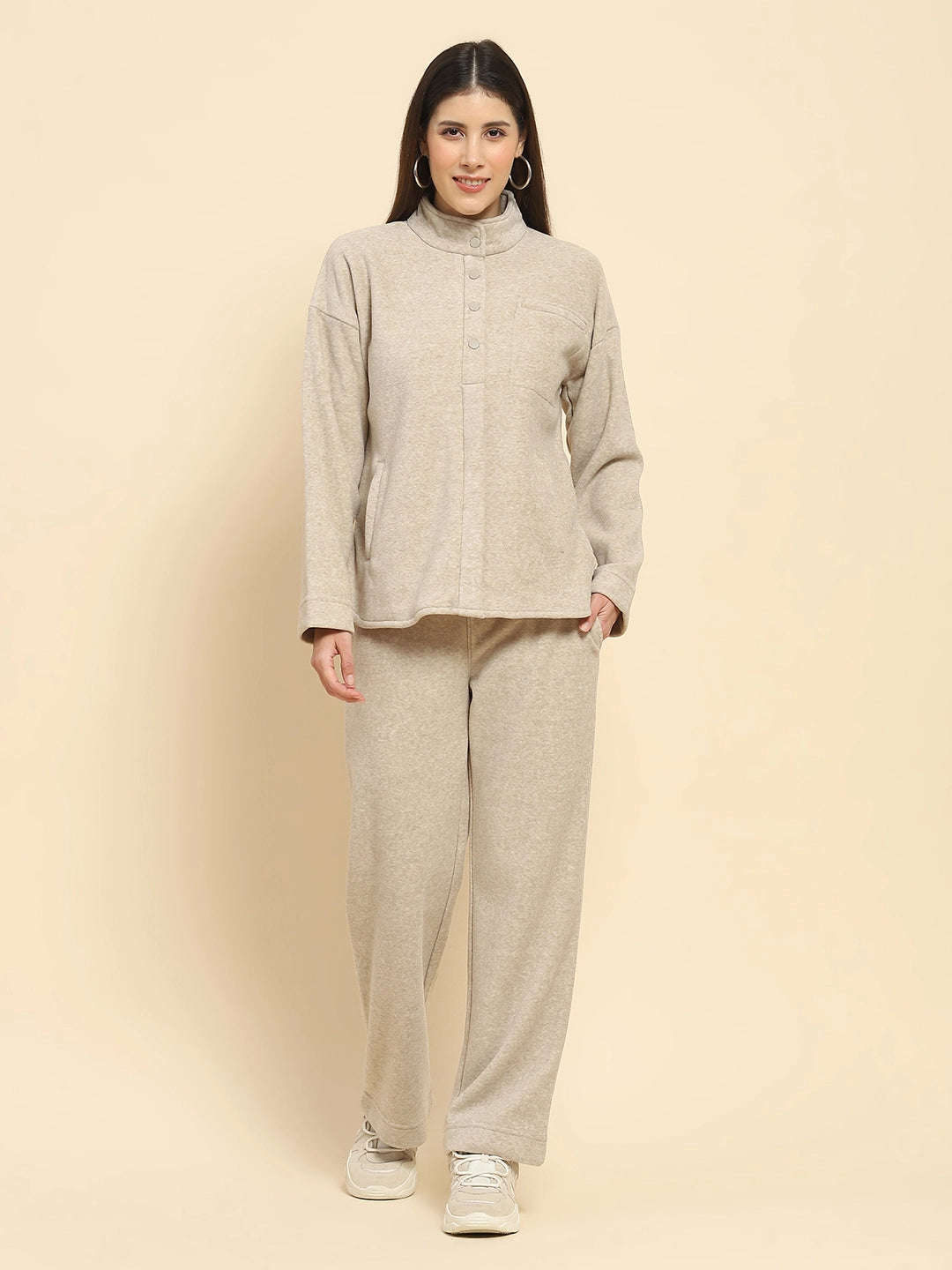 Beige Solid Relaxed Winter Nightsuit - Global Republic