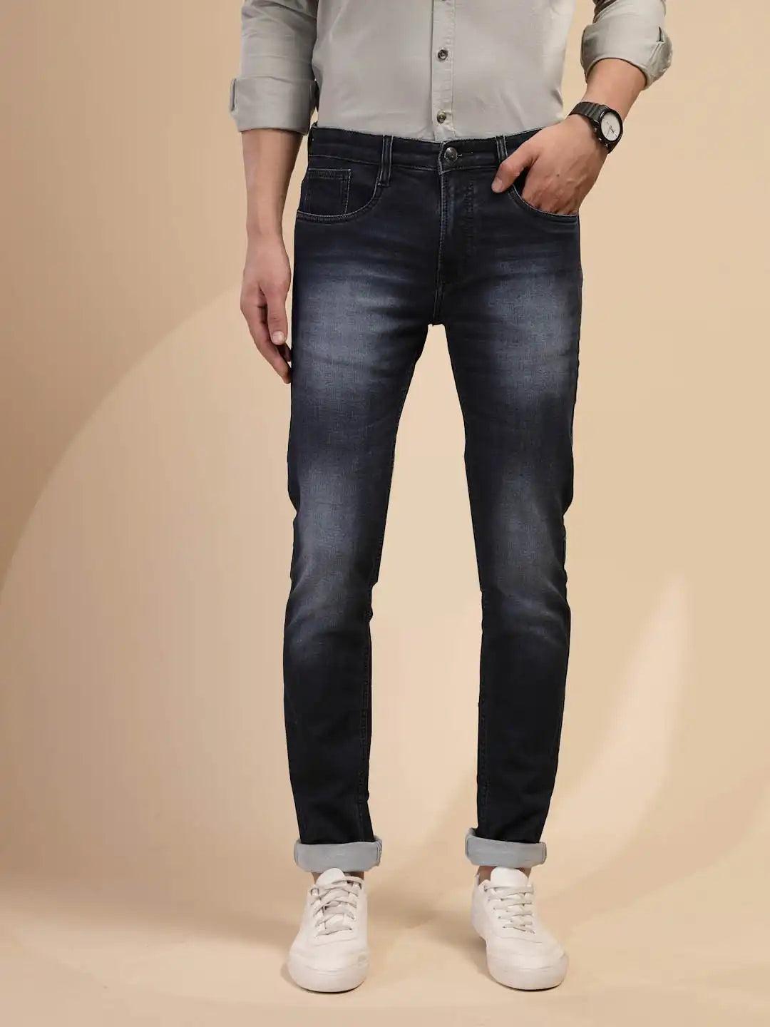 Solid Blue Mid Rise Cotton Blend Slim fit Jeans - Global Republic