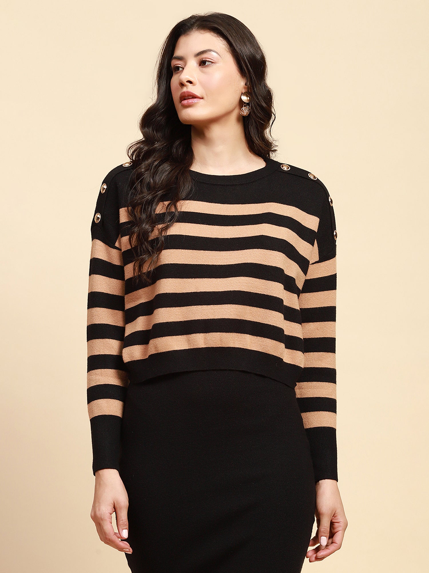 Beige Viscose Blend Boxy Fit Crop Pullover With Dress For Women (Combo Set) -Testing - Global Republic