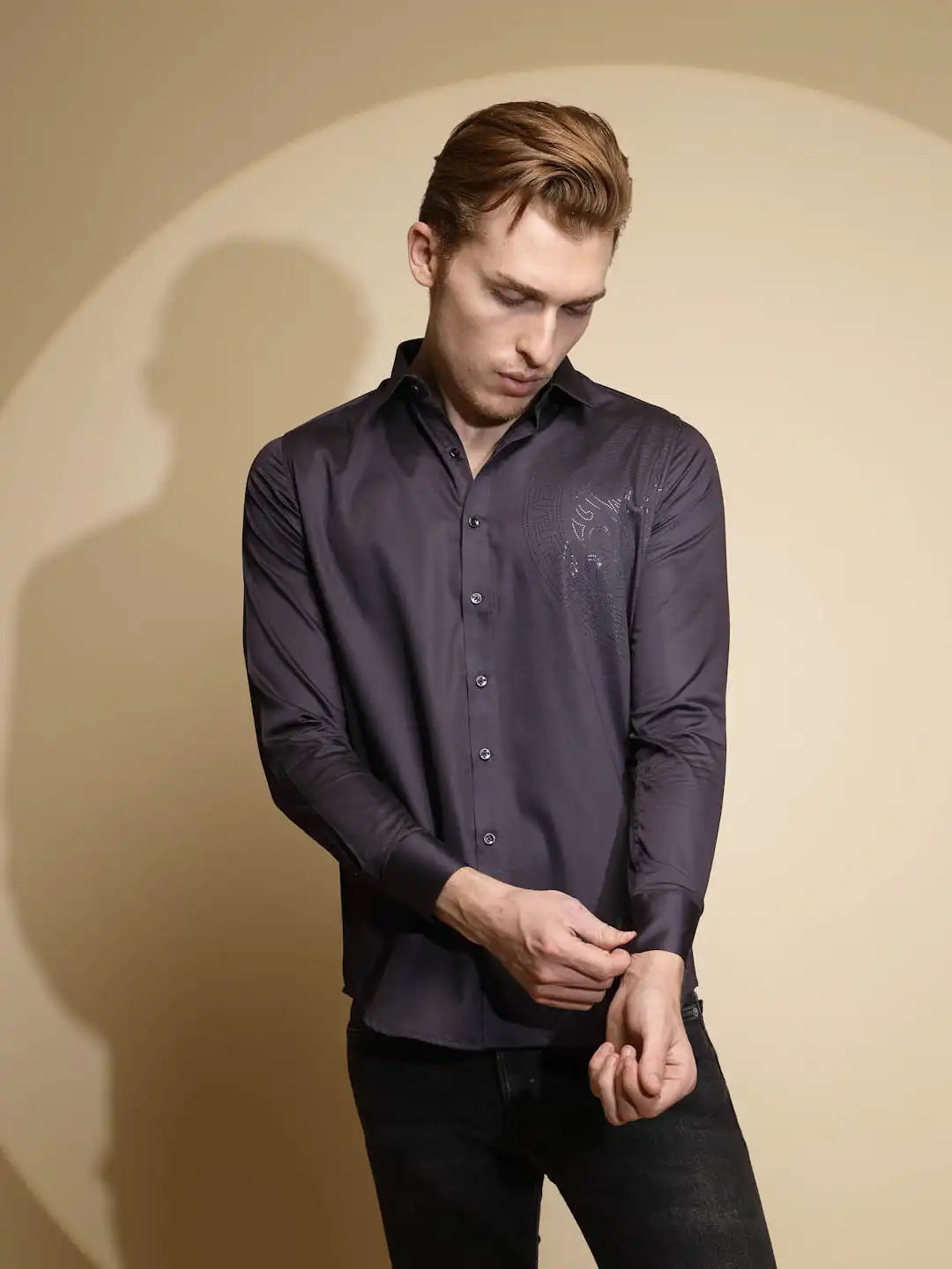 Dark Grey Solid Full Sleeve Collar Neck Cotton Blend Shirt - Global Republic