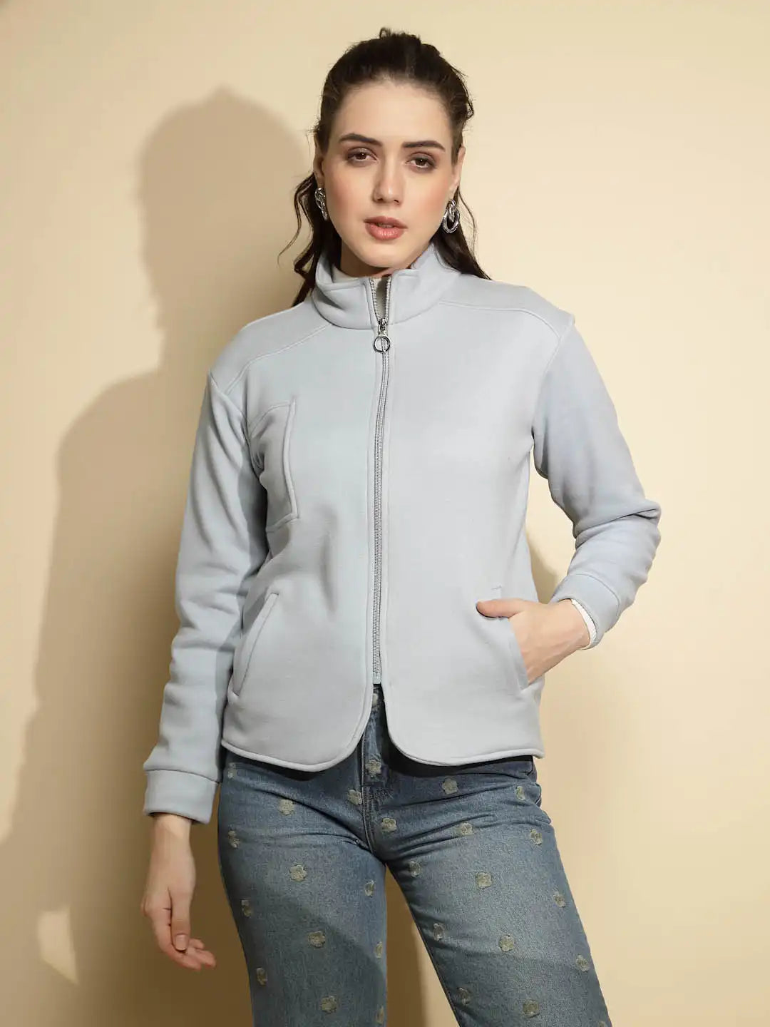 Light Blue Solid Full Sleeve Turtle Neck Fleece Sweatshirt - Global Republic