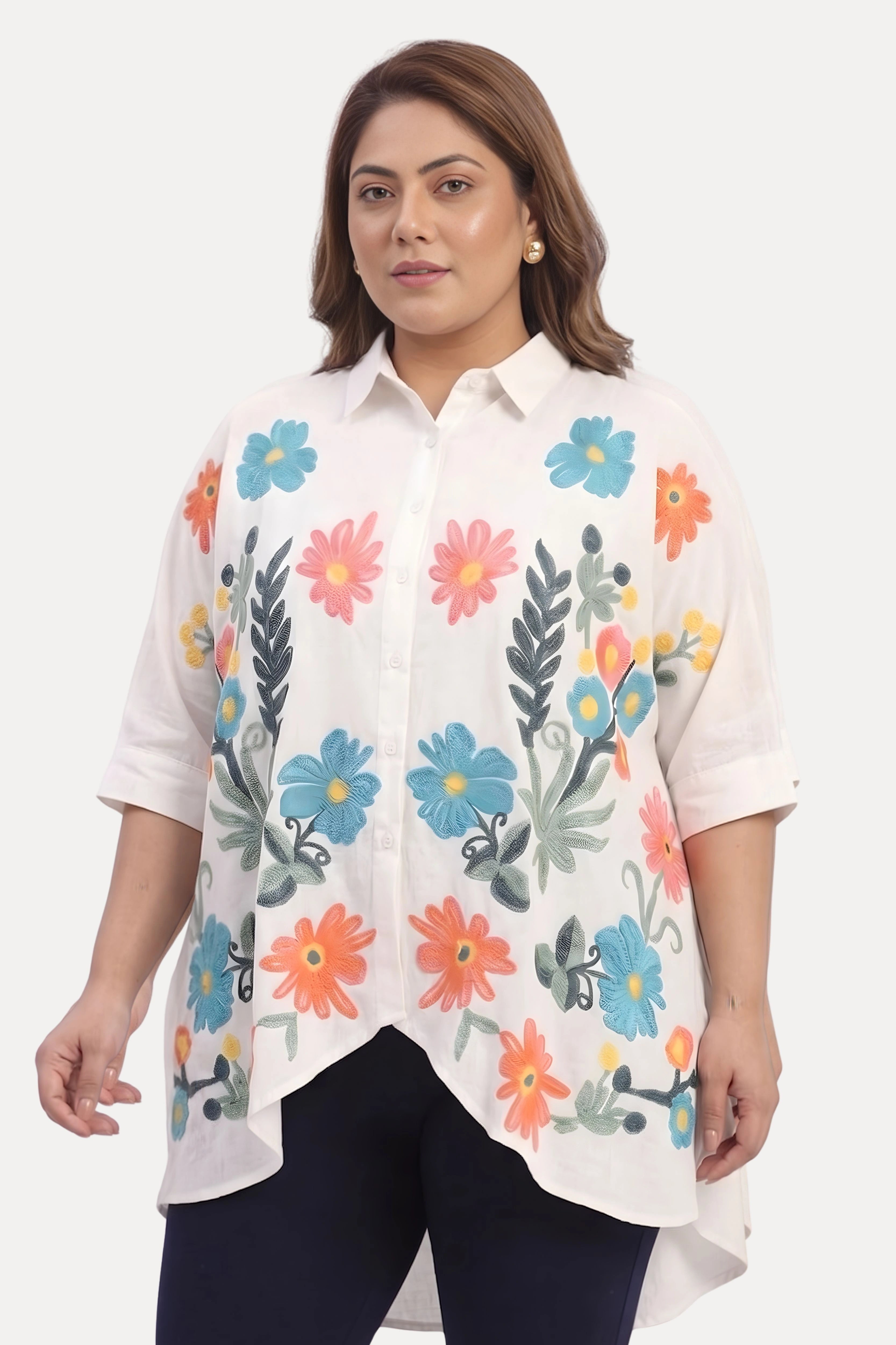 White Cotton Floral Embroidery Tunic