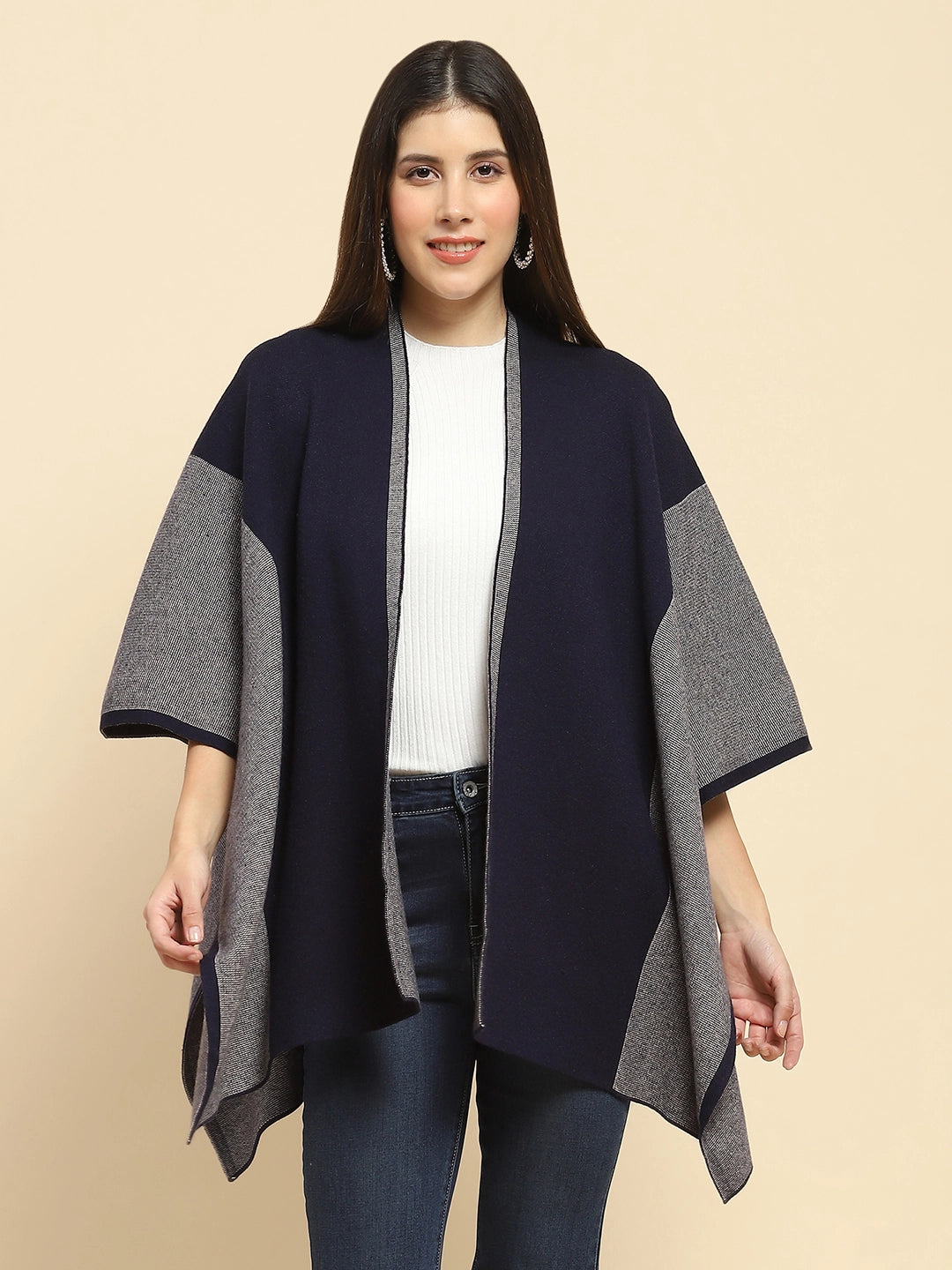 Navy Blue Wool Blend Winter Shrug - Global Republic
