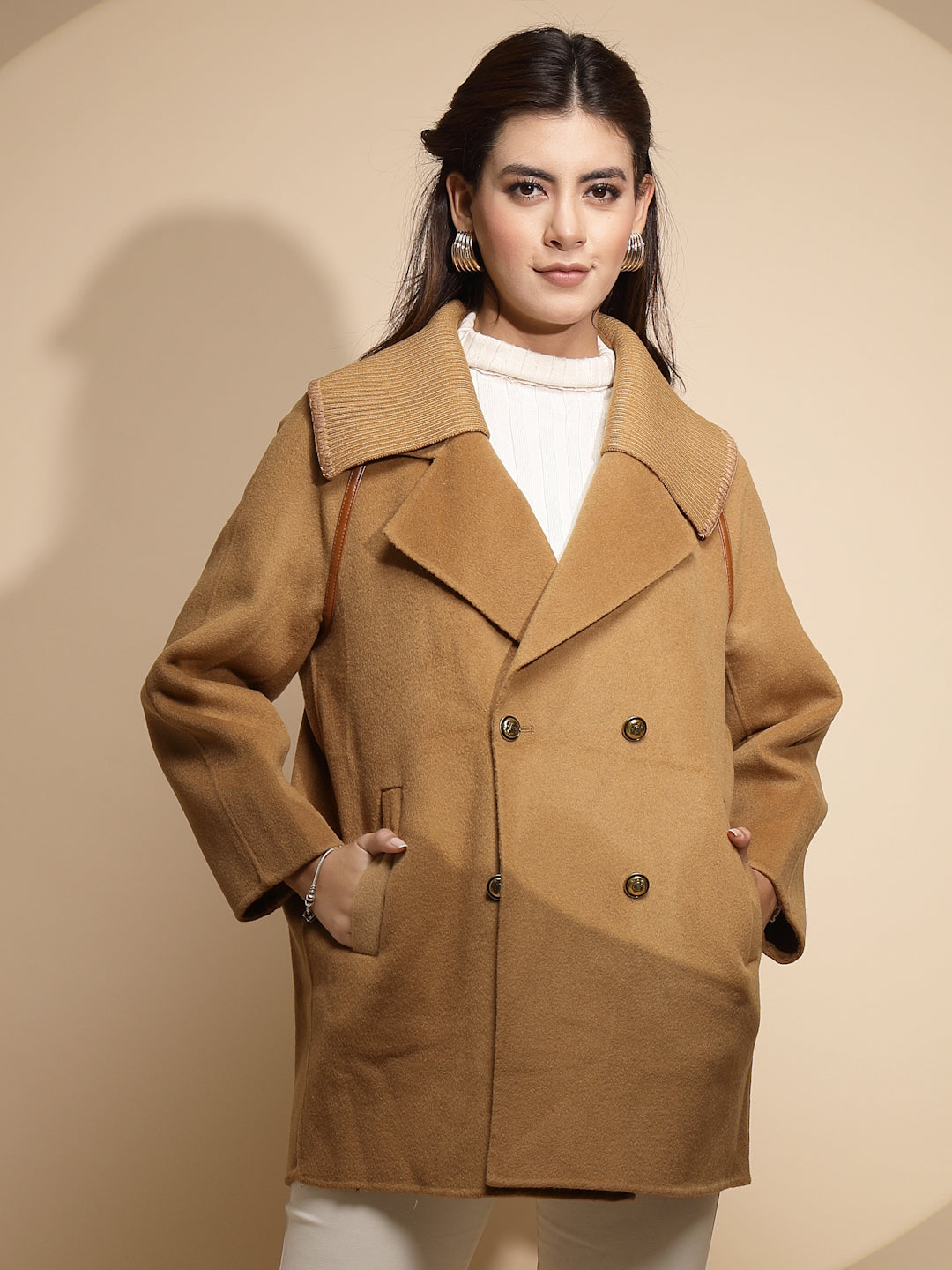 Brown Solid Collared Neck Wool Coat - Global Republic