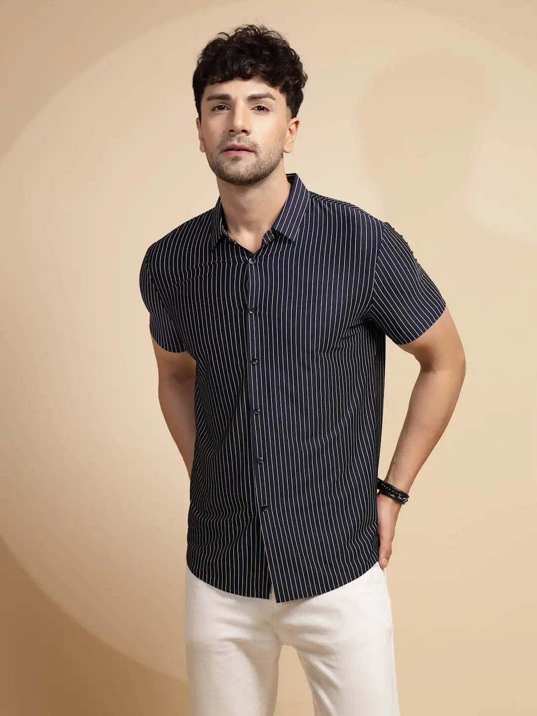 Blue Striped Half Sleeve Collared Neck Cotton Shirt - Global Republic