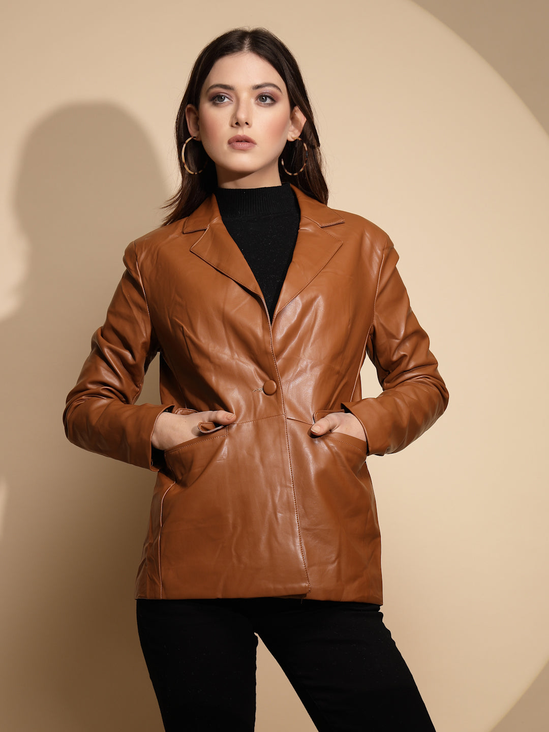 Brown Collared Neck Leather Coat - Global Republic