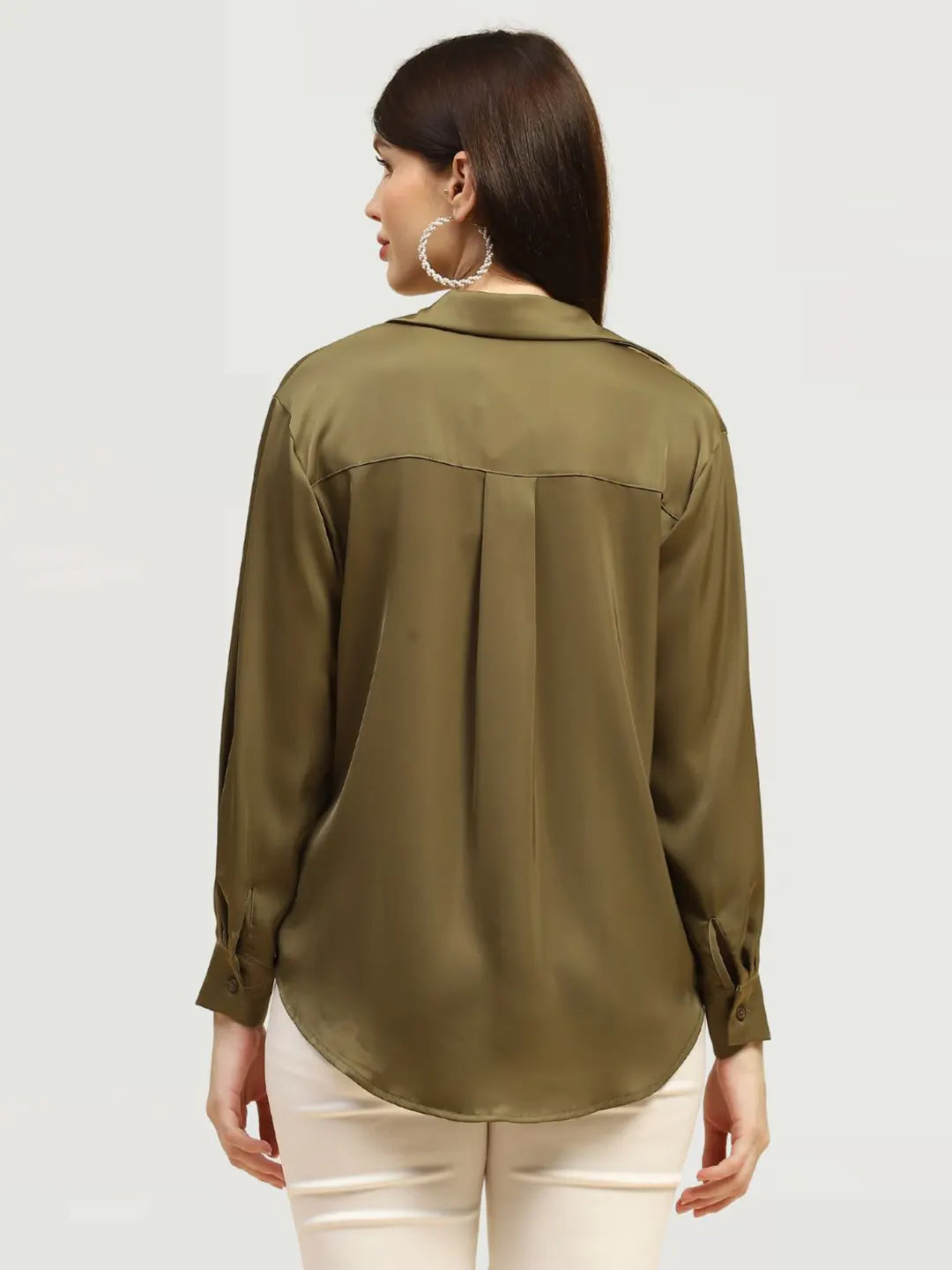 Olive Solid Satin Relaxed Fit Shirt - Global Republic