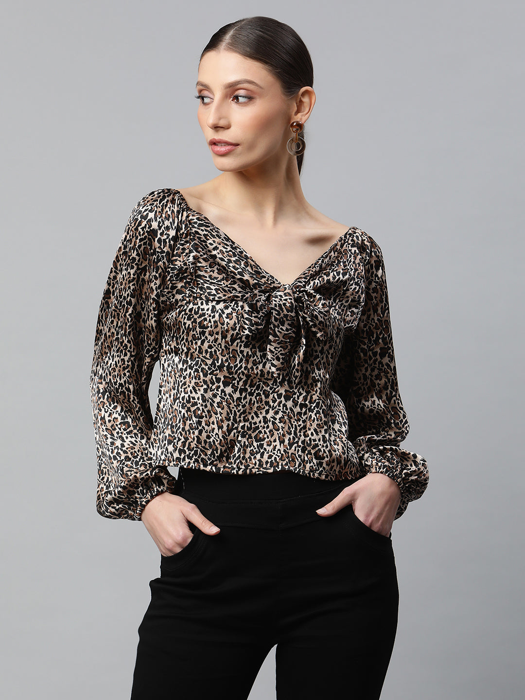 Brown Leopard Printed Blouson Top - Global Republic