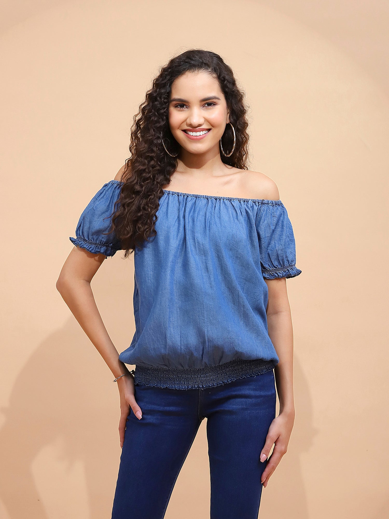 Blue Cotton Off-Shoulder Top - Global Republic