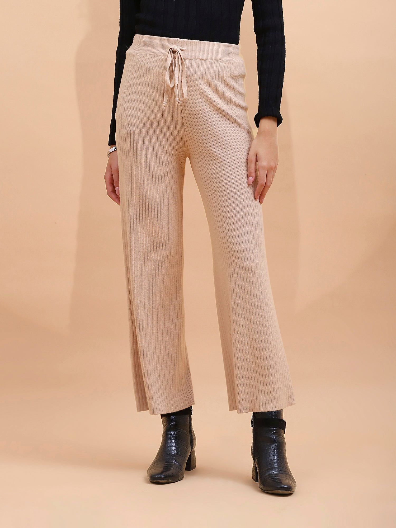 Beige Viscose Blend Solid Lower - Global Republic