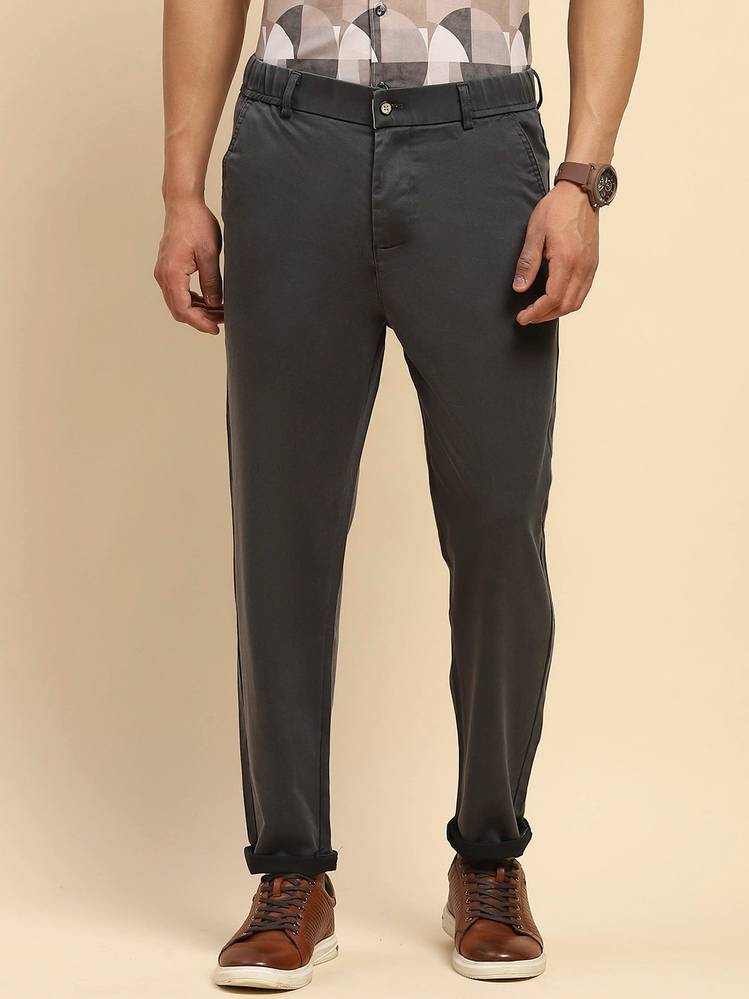 Grey Cotton Blend Slim Trouser - Global Republic