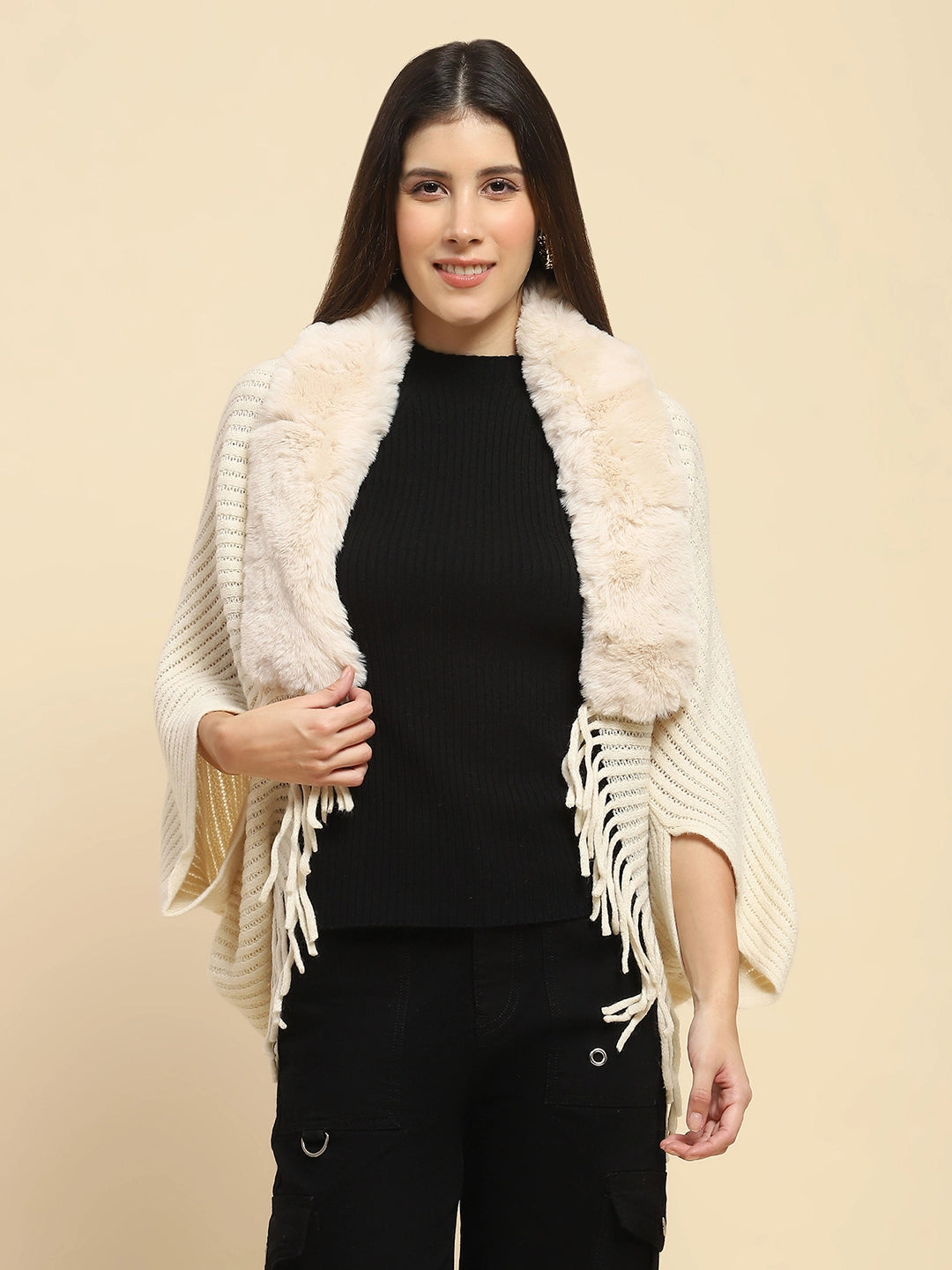 Off White Acrylic Knitted Relaxed Fit Cape - Global Republic