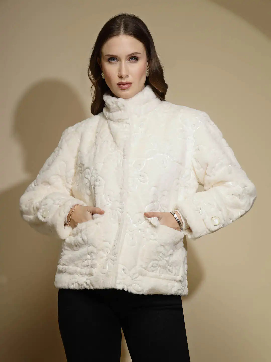 White Embroidered Full Sleeve Turtle Neck Woolen Jacket - Global Republic