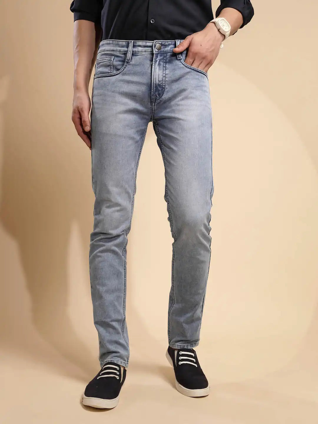 Light Blue Solid Cotton Blend Jeans - Global Republic