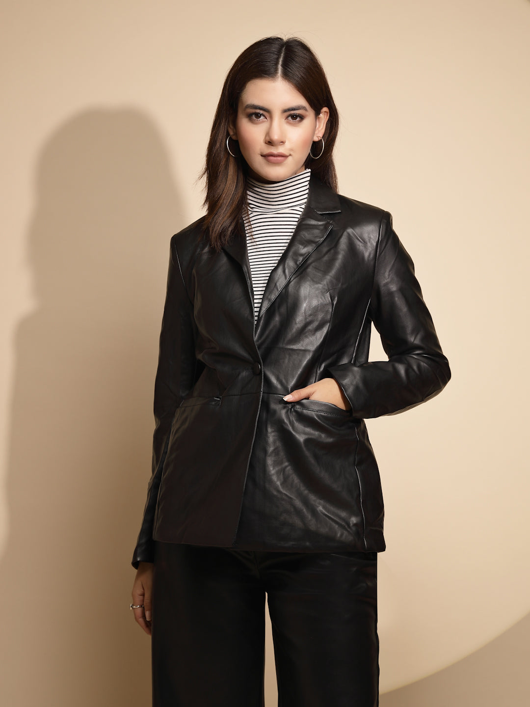 Women Black Solid Collared Neck Full Sleeve Leather Coat - Global Republic