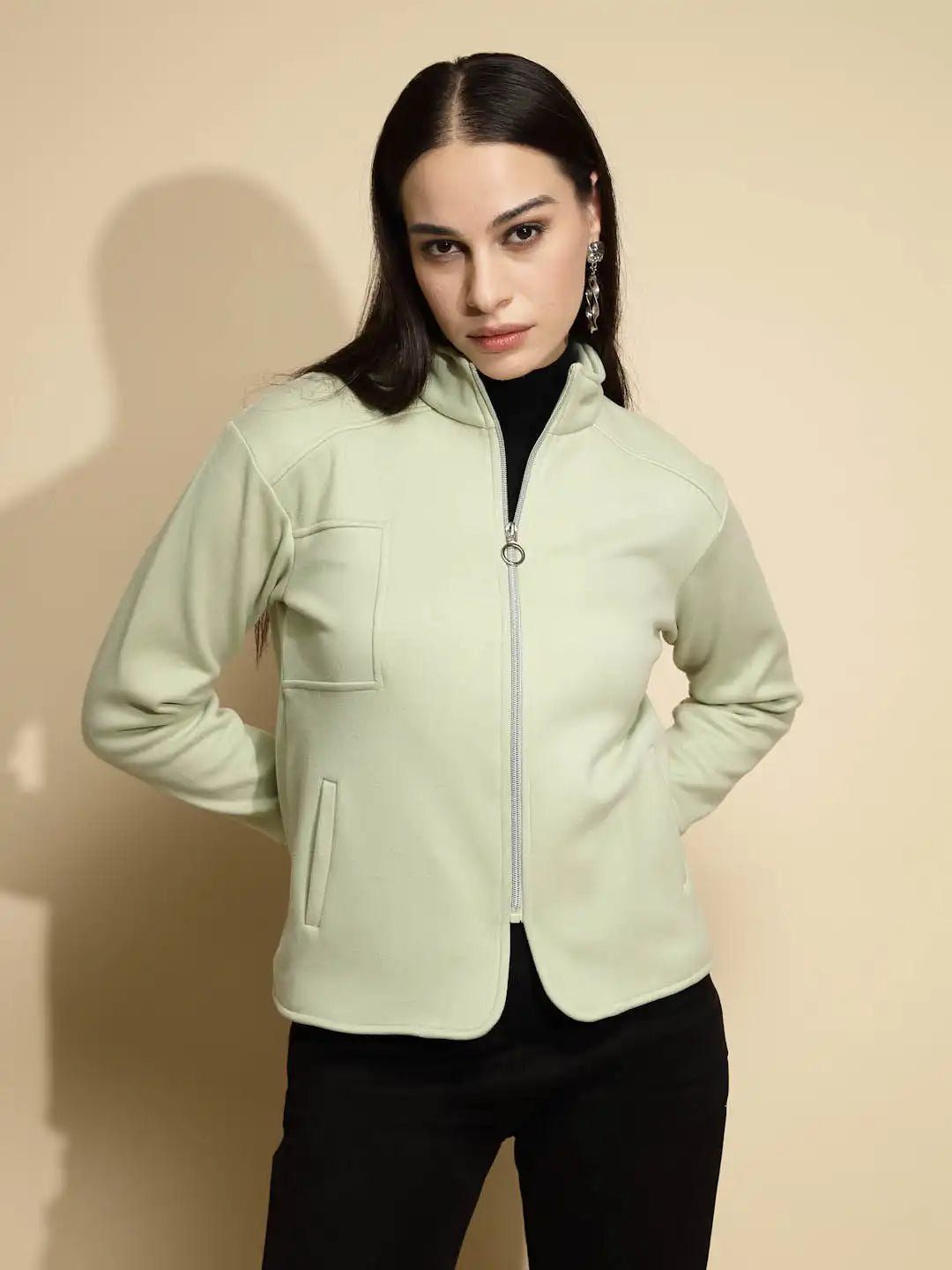Green Solid Full Sleeve Turtle Neck Fleece Sweatshirt - Global Republic