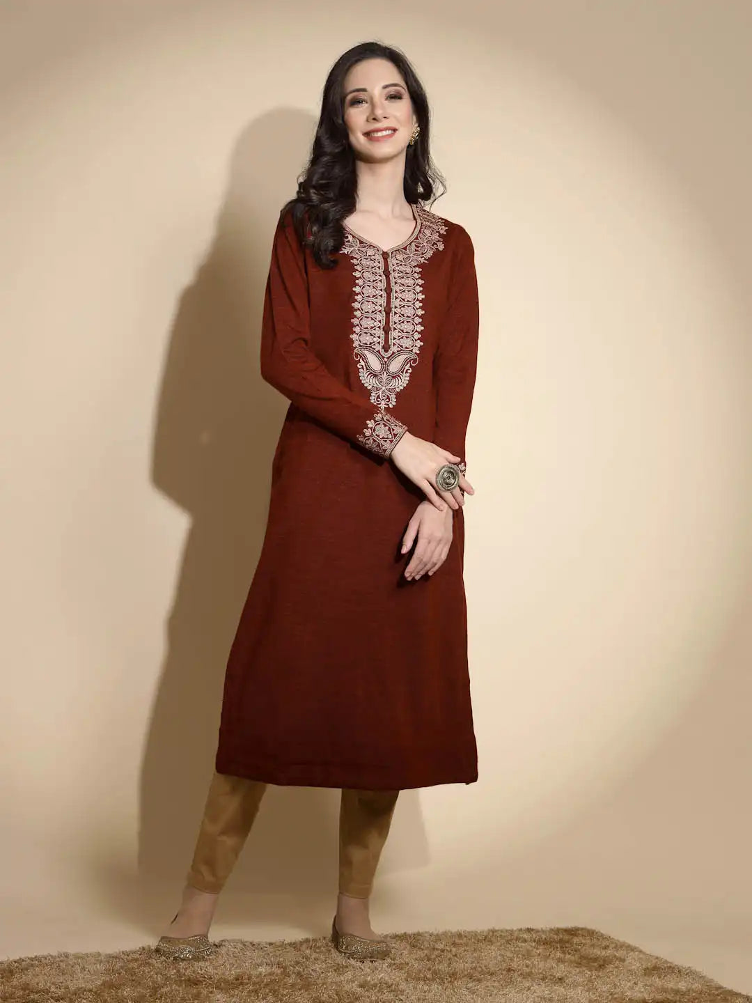 Rust Embroidered Full Sleeves Raglan Cut Crew Neck Woolen Kurta - Global Republic