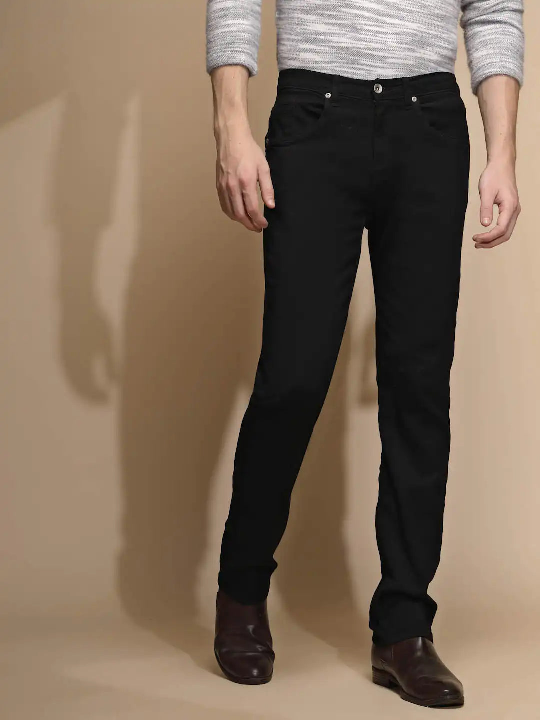 Solid Black Stretchable Mid Rise Straight Fit Cotton Blend Jeans - Global Republic
