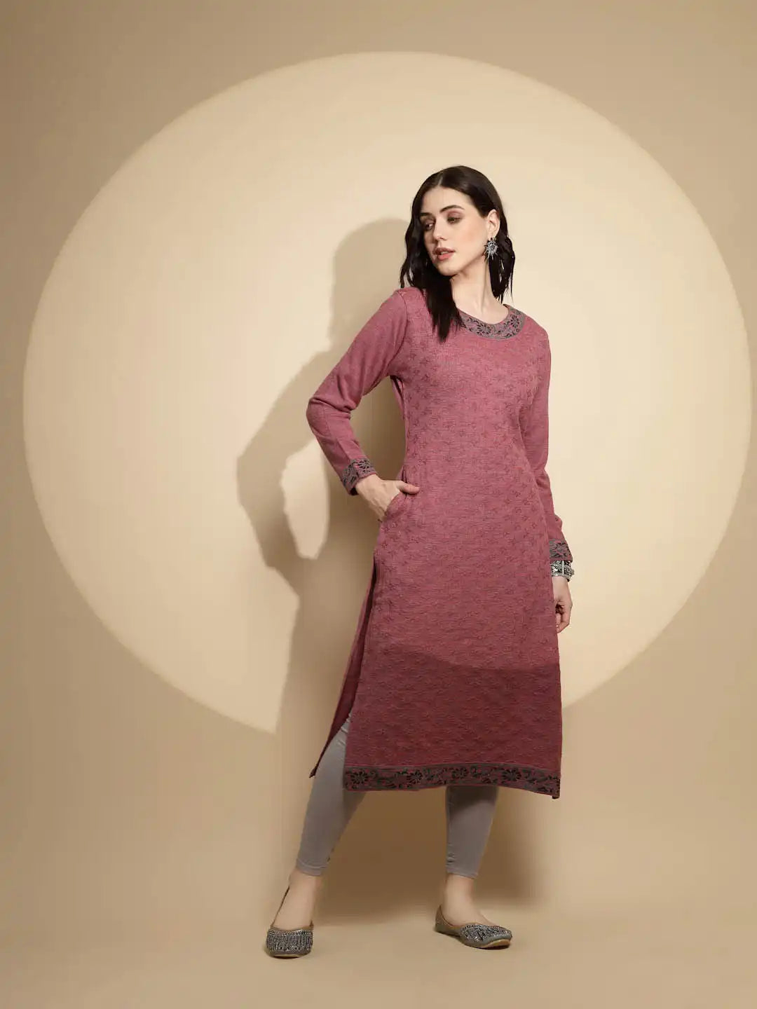 Pink Embellished Full Sleeve Crew Neck Woolen Kurta - Global Republic