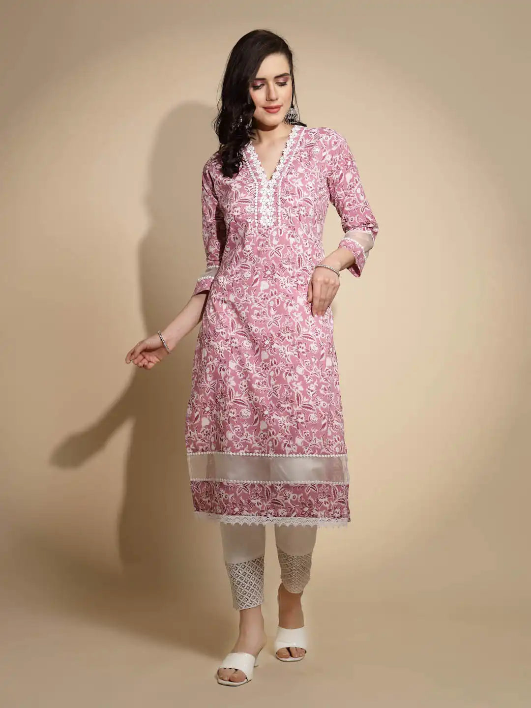 Pastel Pink Floral Prints Three Quarter Sleeves V Neck Cotton Blend Kurta - Global Republic