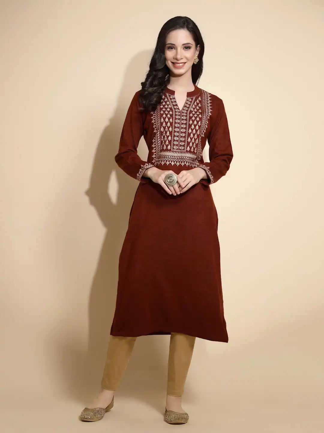 Rust Embroidered Full Sleeve Collared With V-Neck Woolen Kurta - Global Republic
