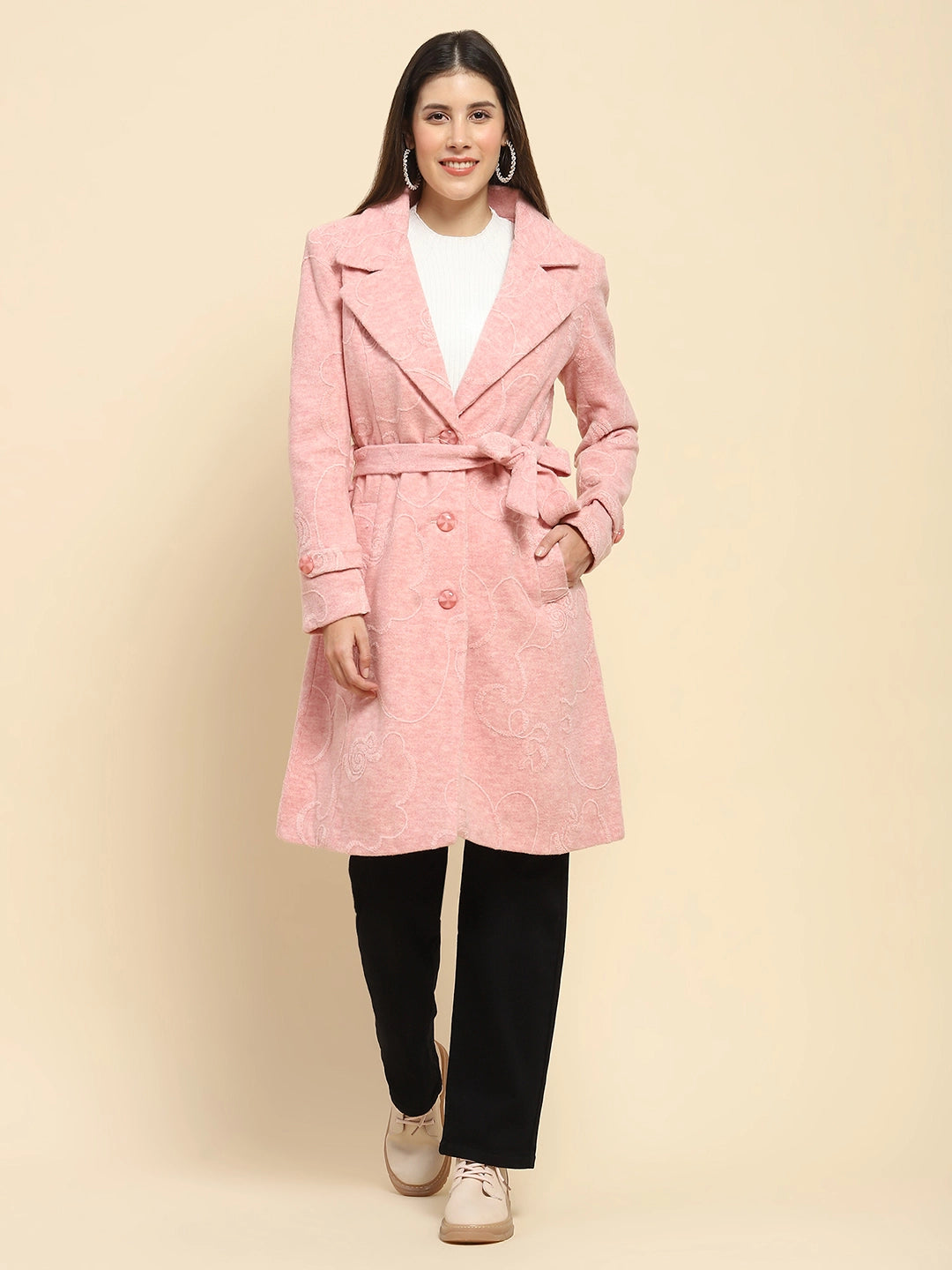 Pink Self Design Long Winter Coat - Global Republic