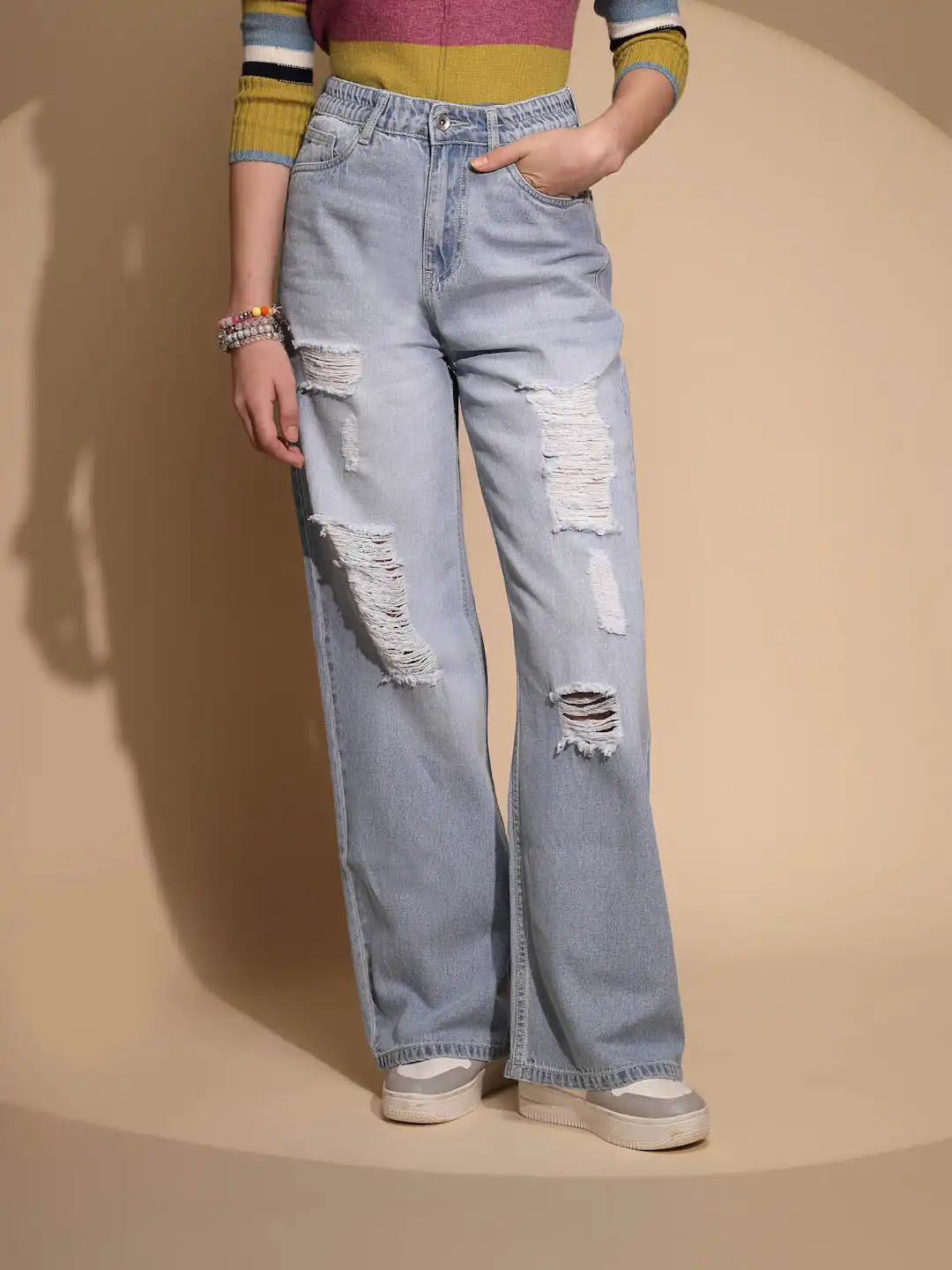 Blue Denim Mid Rise Distressed Jeans - Global Republic