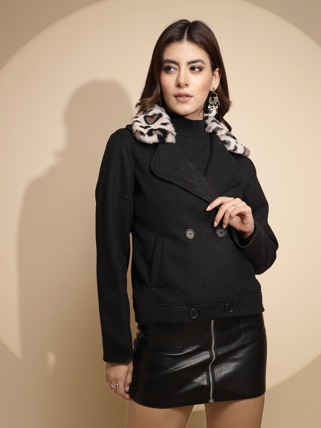 Black Solid Wool Blend Coat - Global Republic