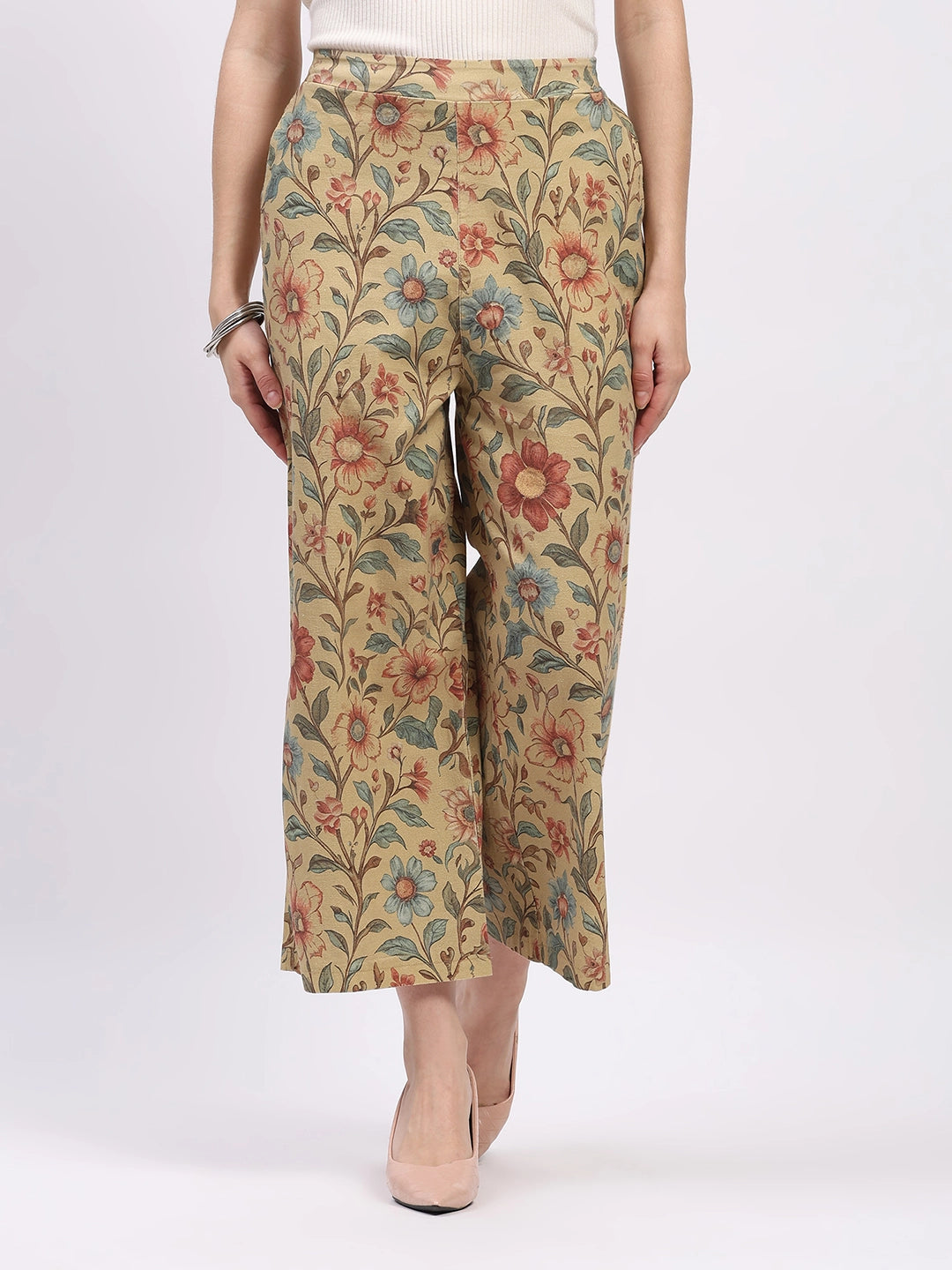 Beige Floral Print Cotton Lower