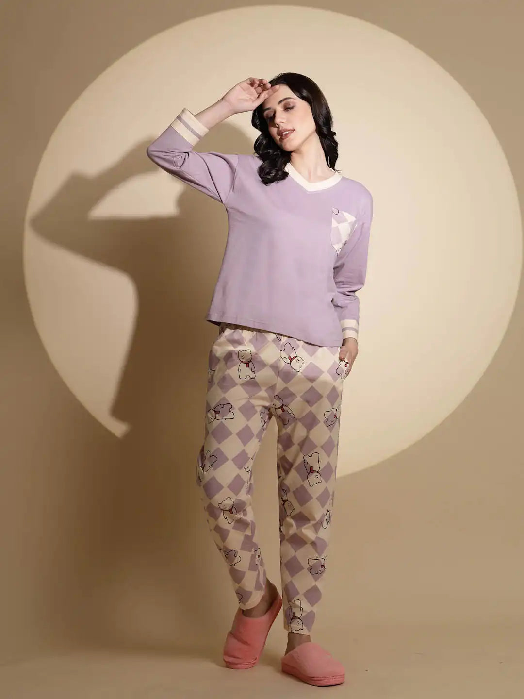 Lavender Hosiery Solid Top & Pyjama Night Suit Set - Global Republic
