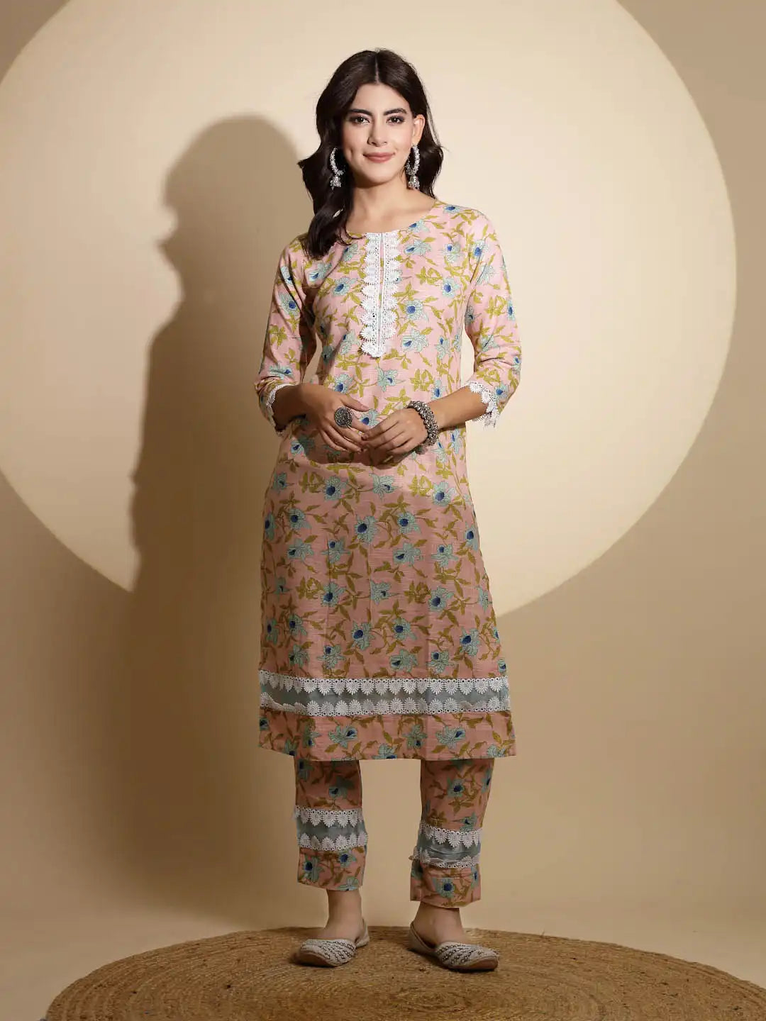 Peach Embellished Print Three Fourth Sleeve Cotton Kurta Set - Global Republic