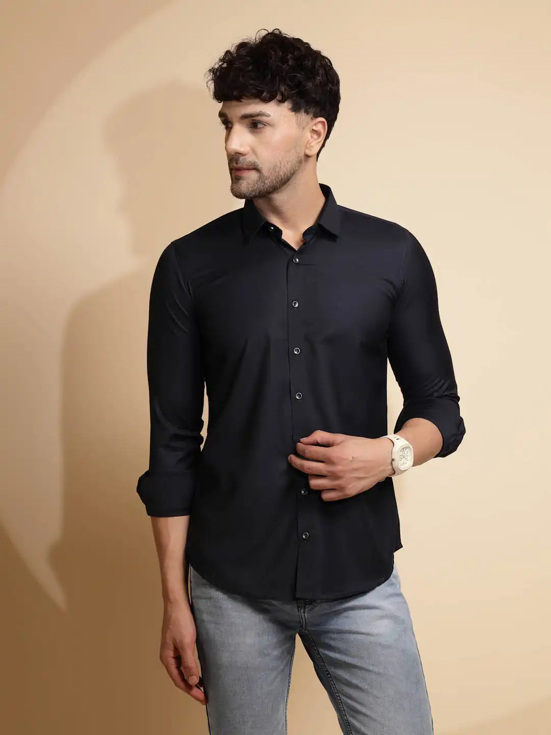 Blue Solid Full Sleeve Collar Neck Cotton Blend Shirt - Global Republic