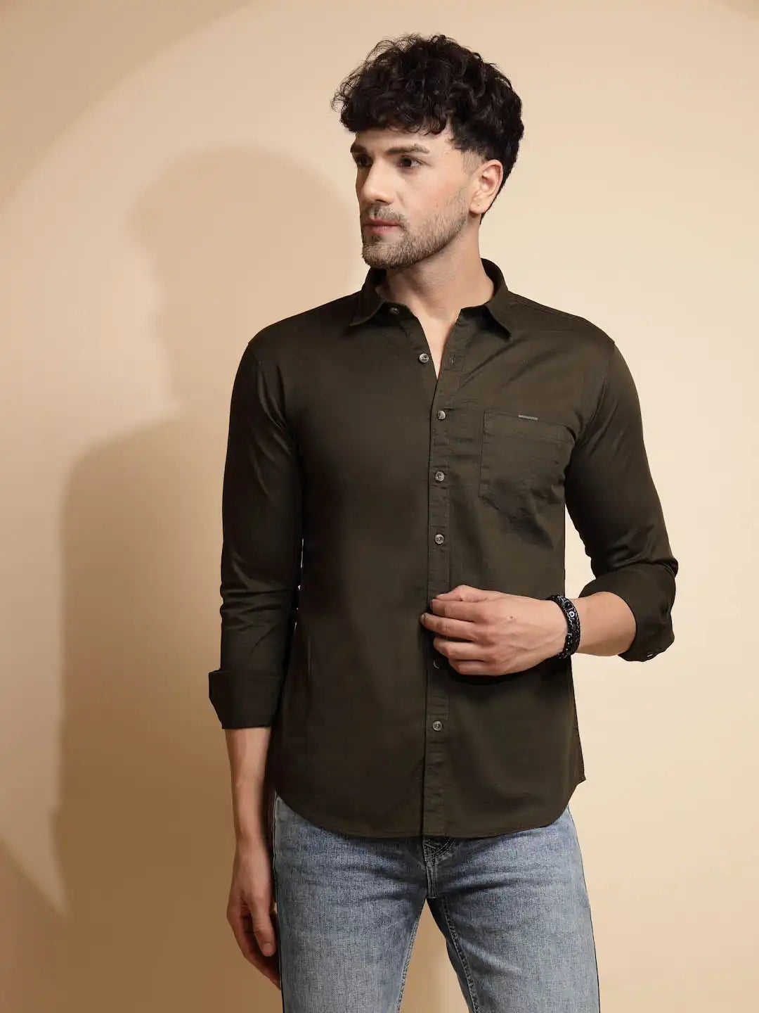 Olive Solid Full Sleeve Collared Neck Cotton Blend Shirt - Global Republic