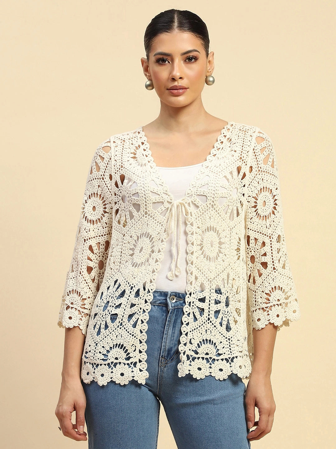 Beige Cotton Loose Fit Shrug For Women - Global Republic